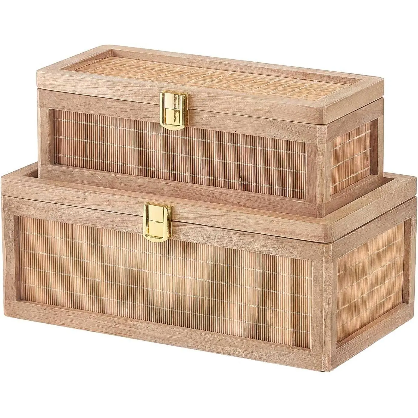 Natural Bamboo Decorative Box with Lids, Unique Decorative Boxes Set of 2, Boho Wedding Keepsake Box, Memory Box with Lid for Crafts, trinkets and Photo Storage