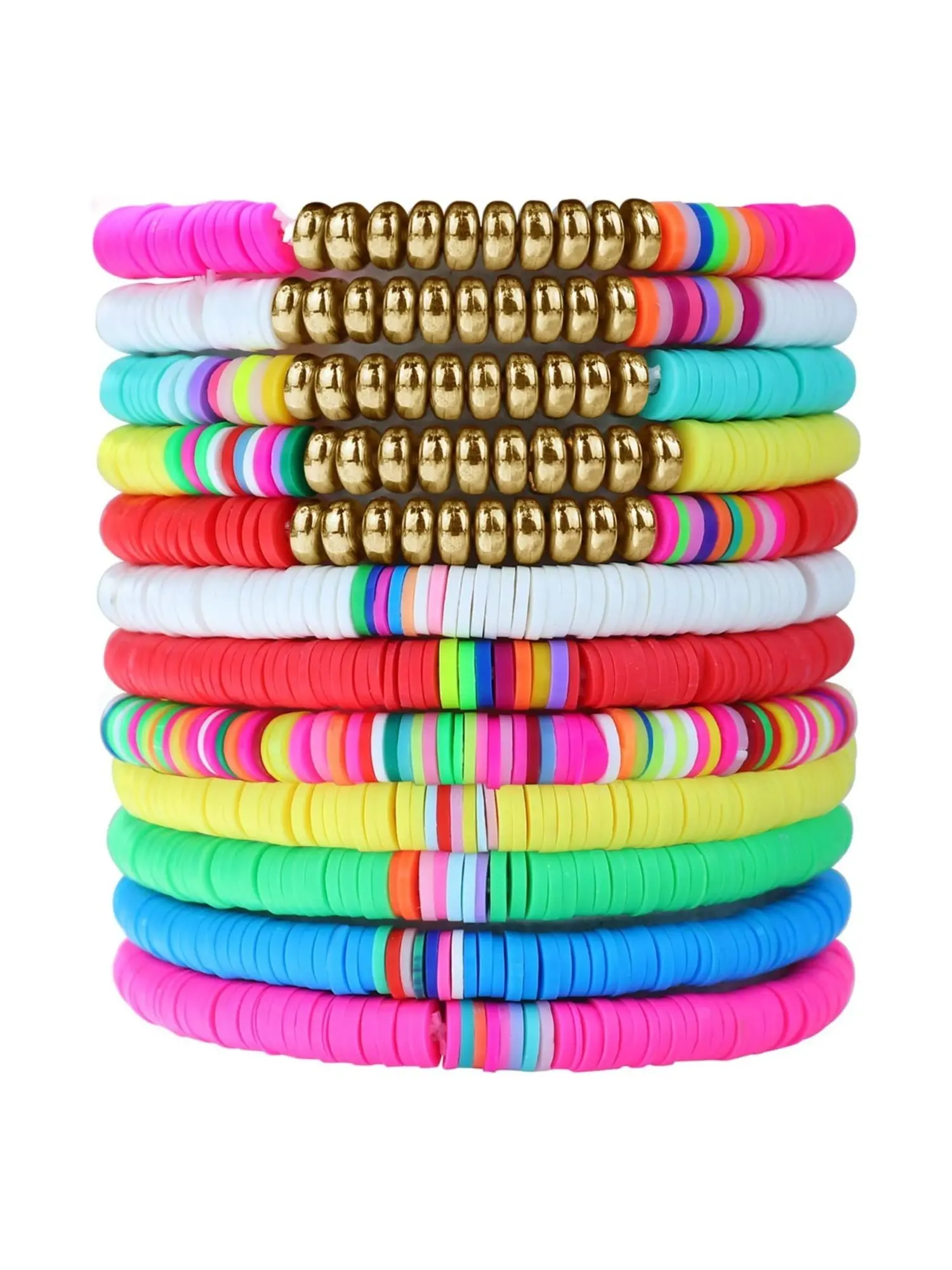 12 Pcs Multicolor Soft Clay Disc Bead Bracelets for Women Men Elastic Stretch Heishi Wristbands Vibrant Soft Clay Stretch Bracelets Polished Spacer Beads Rainbow Striped Decorative Slices Tropical Boho Summer Vibes Versatile Stackable Accessory for Summer