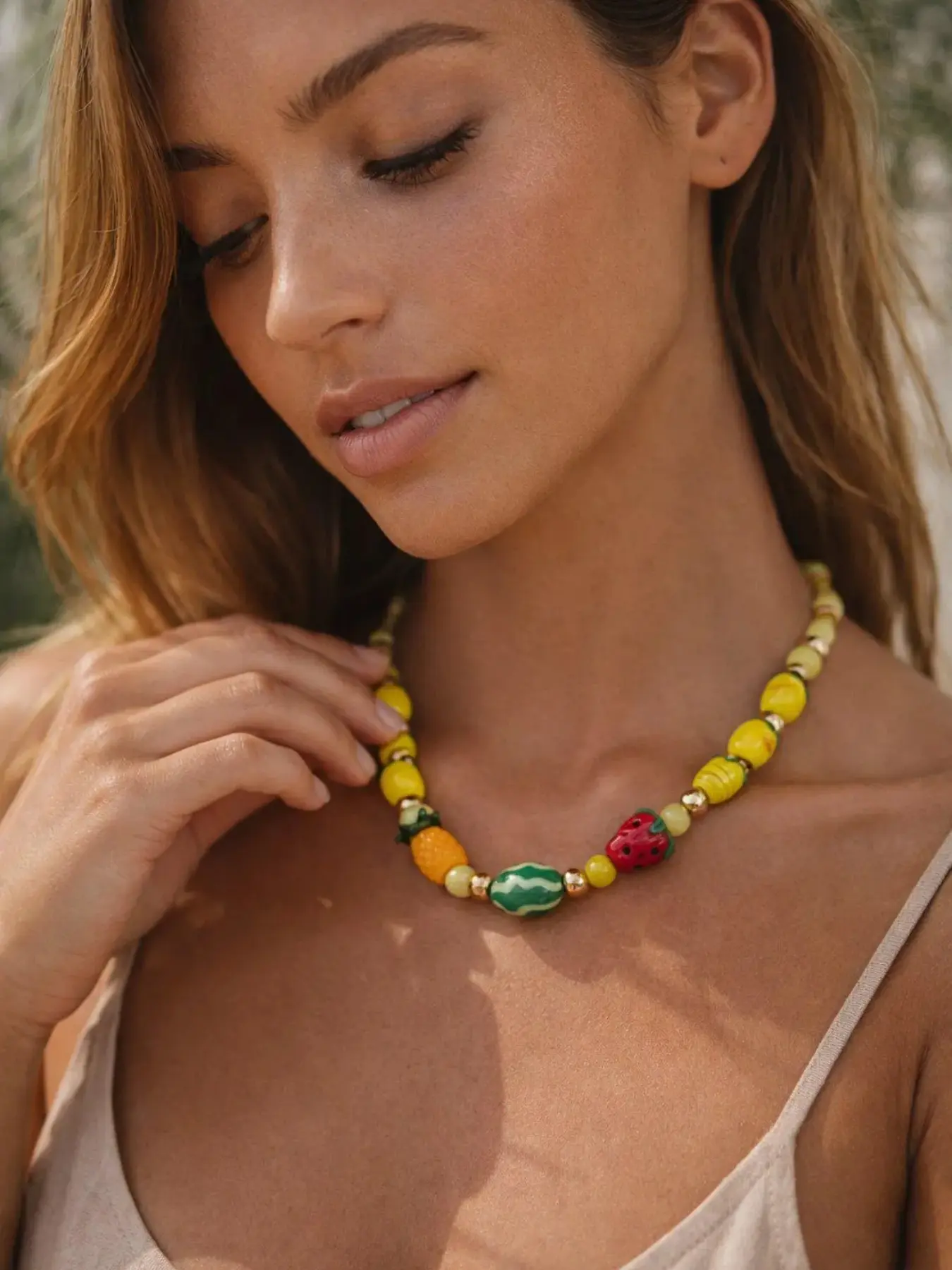 1PC Women's Summer Boho Fruit Charm Bead Necklace, Colorful Handmade Beaded Collar with Pineapple Watermelon Strawberry Lemon Charms, Trendy Vacation Beach Neck Accessory Daily Wear Jewelry, Beachy Jewelry
