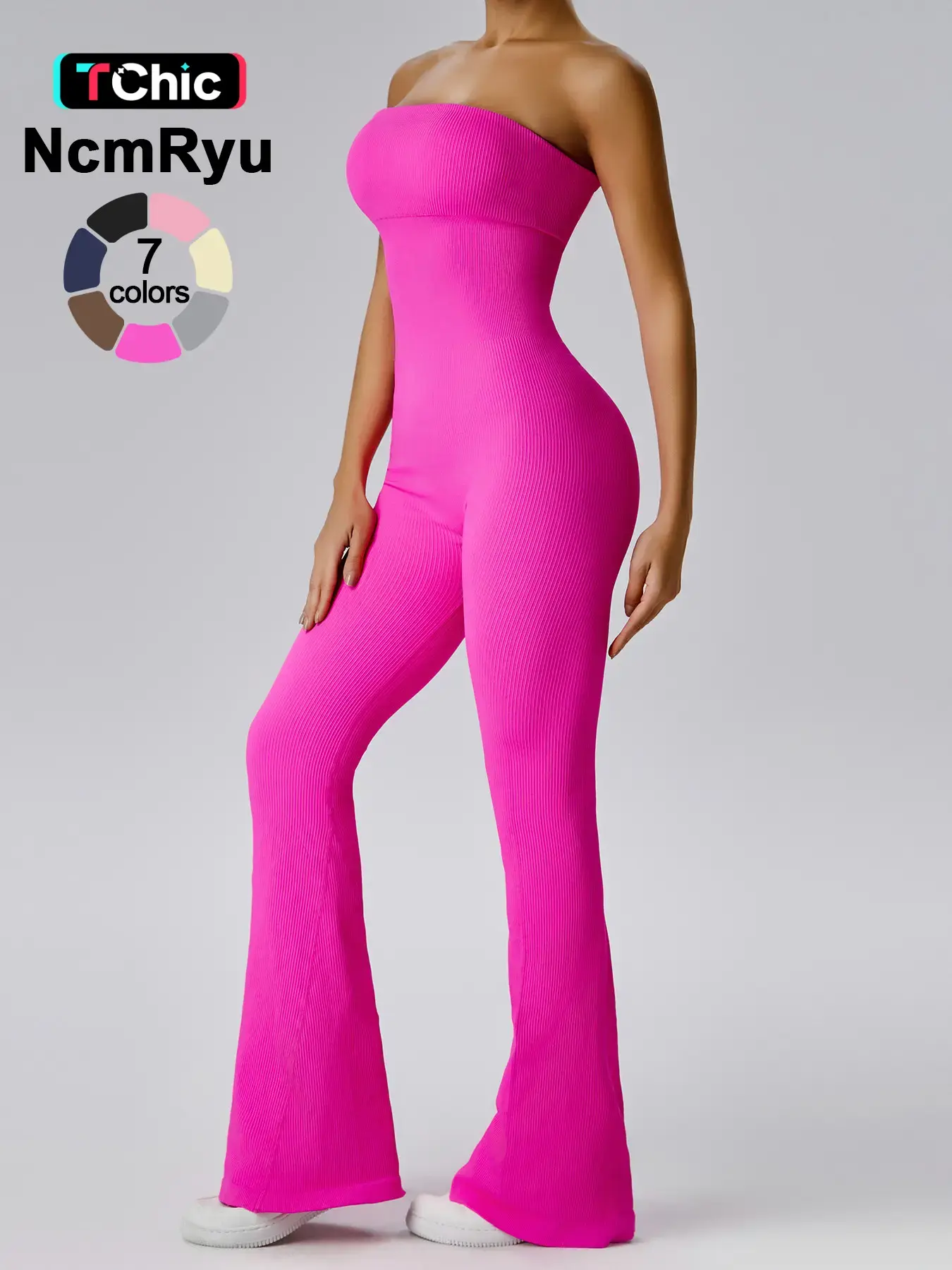Women's Sexy Yoga Ribbed One Piece Tube Jumpsuit Rompers Flared Trousers Tights Push-up Sports Bodysuit Women Fitness Suit Workout Sportswear Gym Sleeveless Yoga Jumpsuits