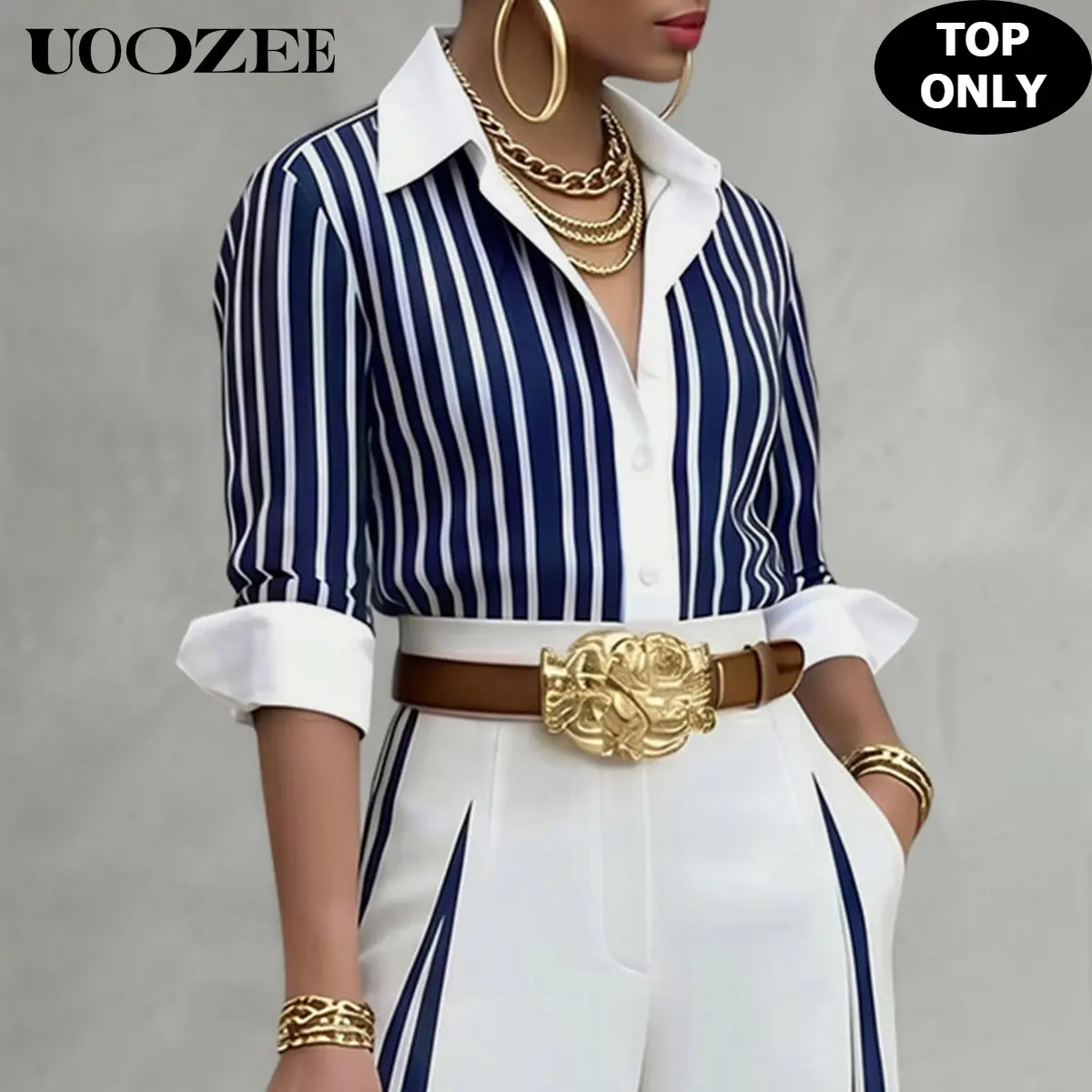 UOOZEE Women's Shirt, Vertical Striped Print with Contrast Collar, Oversized Long Sleeve Button Down, Comfortable and Silky for Business Casual, Fabric, Long Sleeves,back to school,back to school shopping, Solid