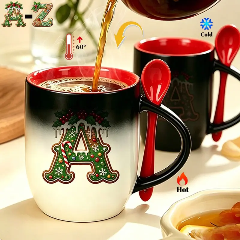1pc A-Z Christmas Alphabet Heat-Sensitive Color Changing Coffee Mug with Red Spoon, Personalized Initial Alphabet Magic Ceramic Cup, Add Hot Water, Unique Christmas Gift for Family And Friends,11oz 330ml