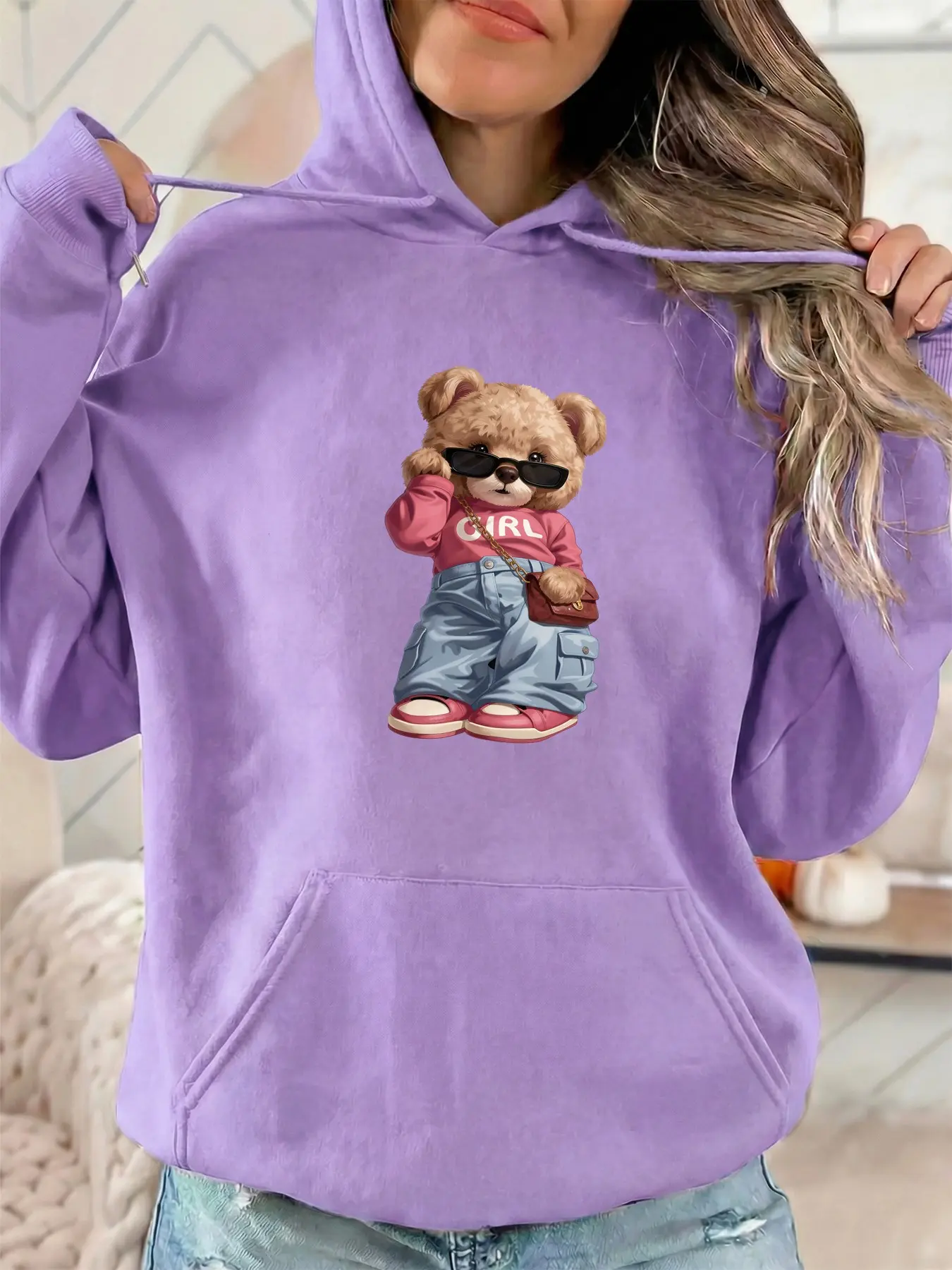 Women's fashionable hooded sweatshirt with cute pink bear print. Features adjustable drawstring kangaroo pockets. Winter and autumn casual sportswear sweatshirt. Suitable for casual parties and sporty outfits.