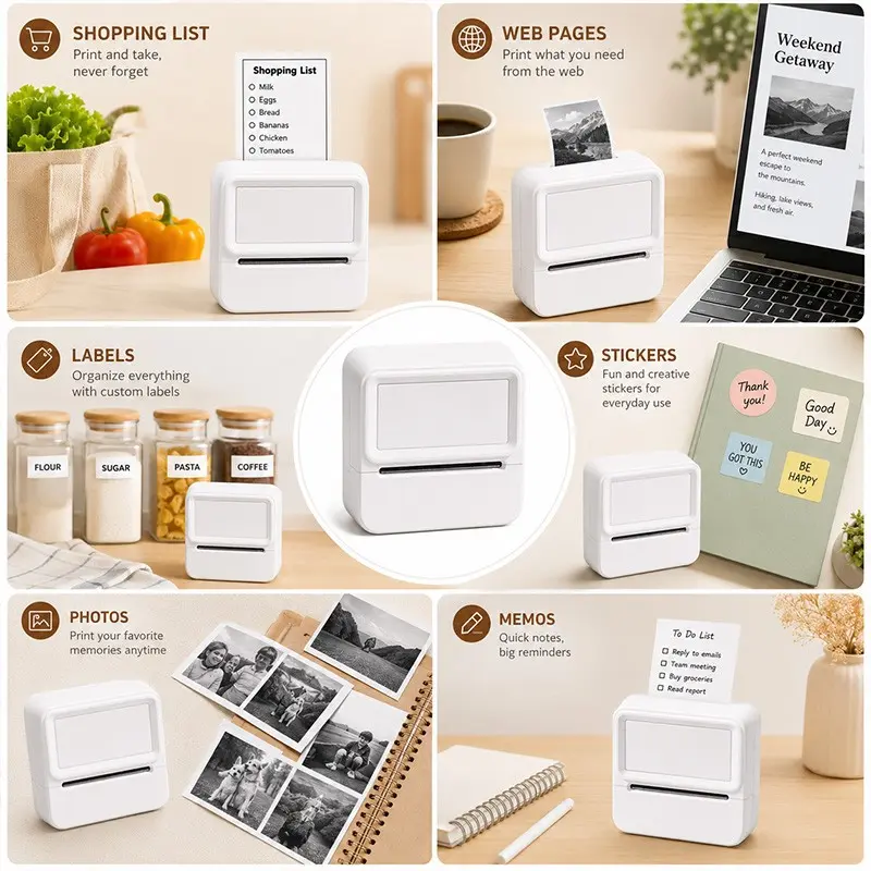 Portable Mini Printer USB Rechargeable Wireless Thermal Printer with Printing Paper, Ideal for Home Office School Photo Printing
