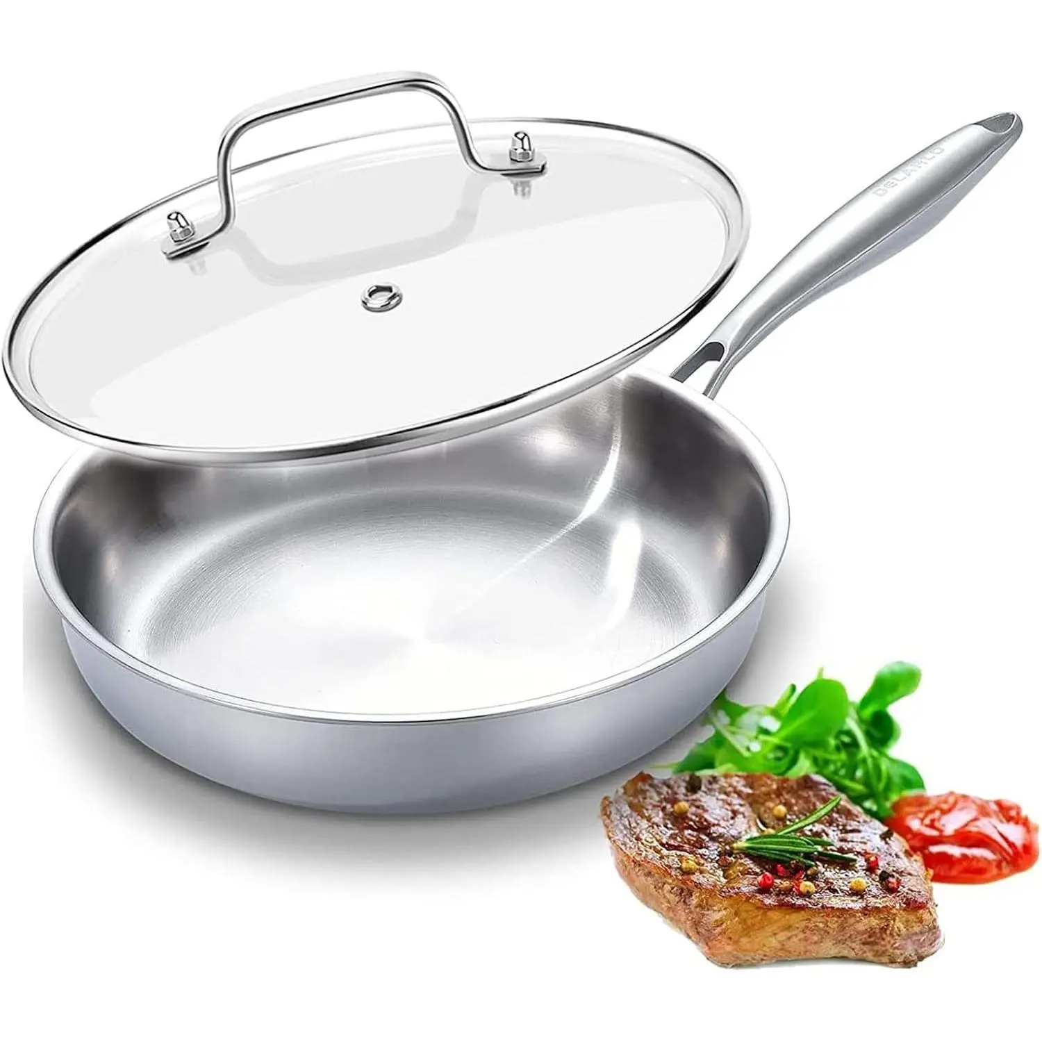 Tri-Ply Stainless Steel 12 Inch Frying Pan, 18/10 Skillet with Glass Lid, Oven Safe Up to 600°F, Nontoxic Cookware, Compatible with All Cooktops, Durable Fast Even Heat Fry Pan