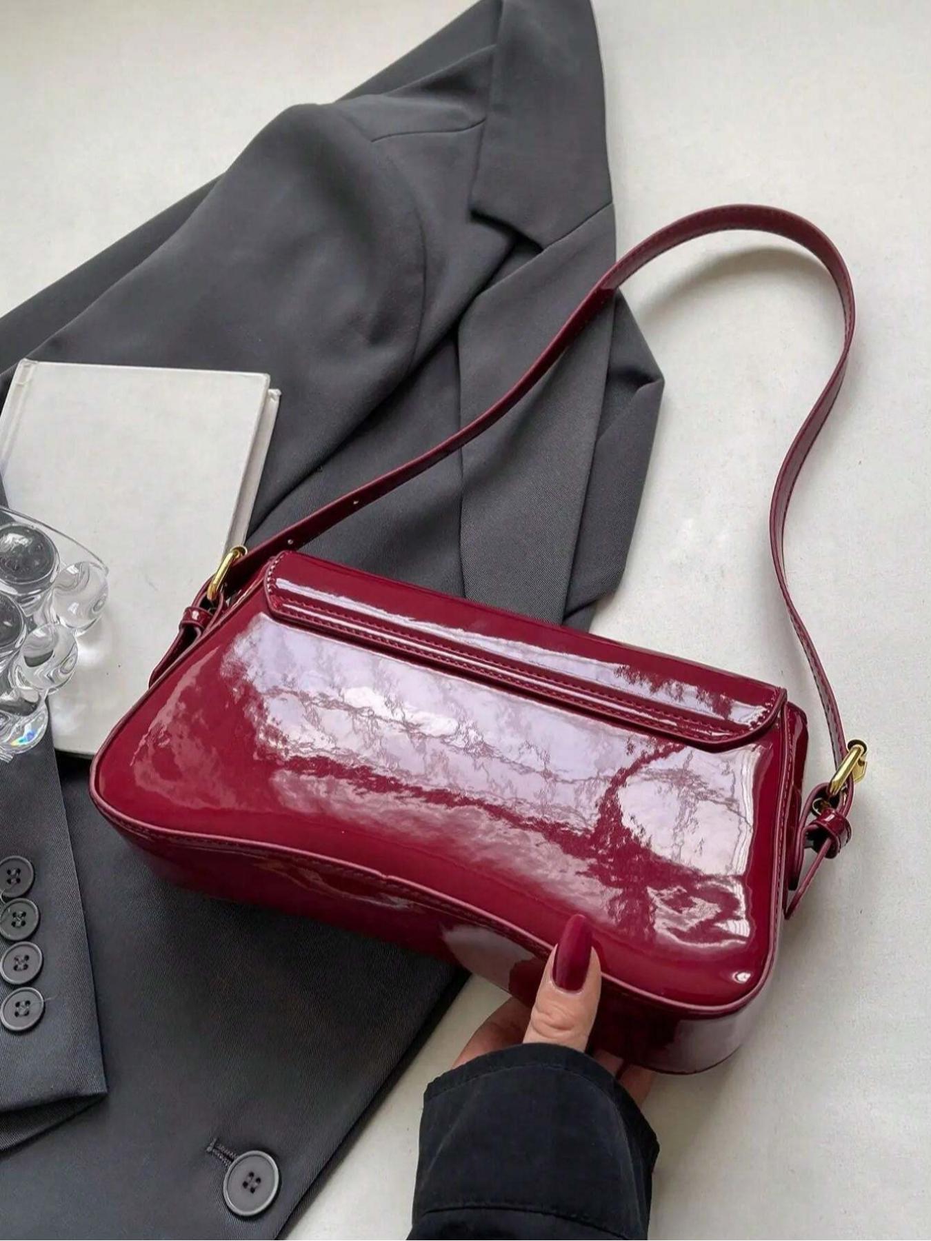 Women's Solid Color Shoulder Bag, Fashionable Patent Leather Crossbody Bag for Daily Used, Casual Trendy Versatile High-quality Daily Commuting Bag