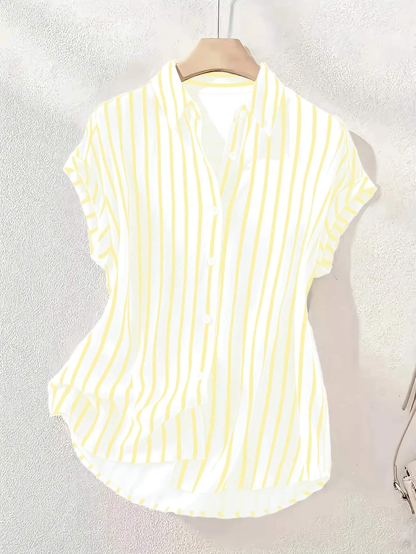 Striped Lapel Short Sleeve Button Shirt Blouse, Loose Fit Drop Shoulder Design, Summer New Arrival, Casual Office Wear Top