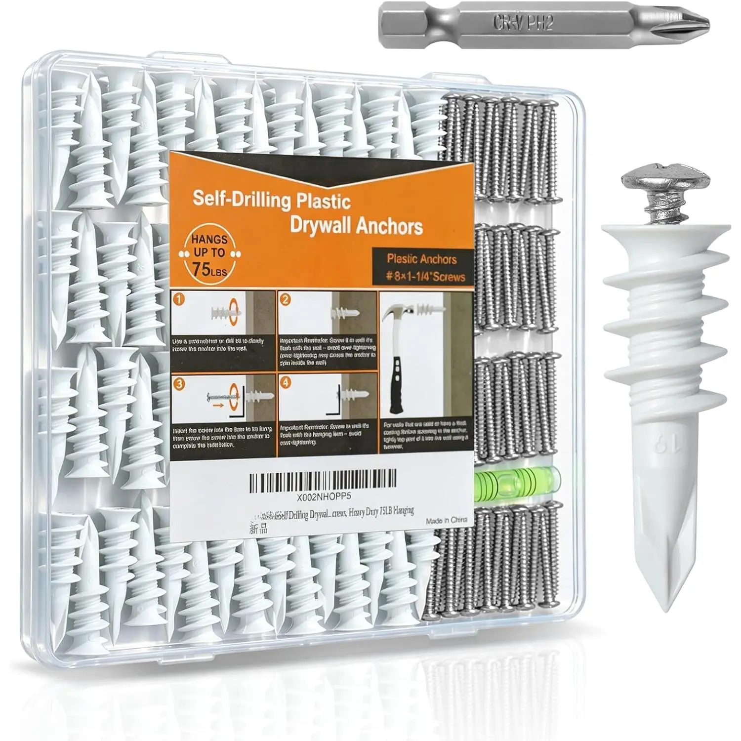 140Pcs # 8 Self Drilling Drywall Anchors with Screws Kit, Heavy Duty Dry Wall Anchors for Hanging Sheetrock, 50 Self-Tapping Plastic Drywall Hangers 50 Sheet Rock Screws, Mounting Hardware -75LB