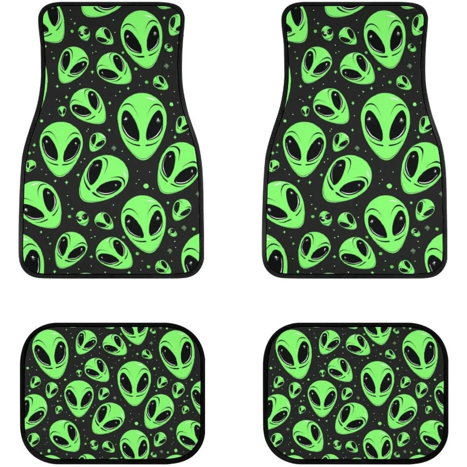 Green alien face pattern car floor mats, 4-piece set, all-weather universal car decorative accessory, suitable for SUVs, minivans, sedans, and trucks.
