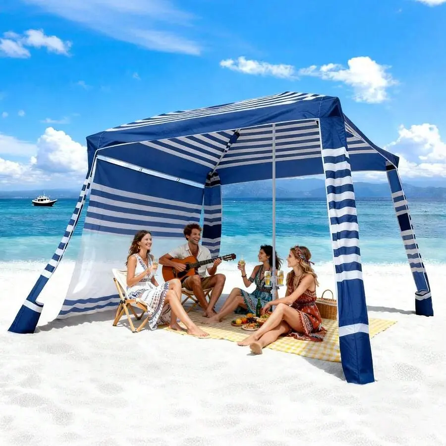 Beach Cabana, 8 X 8 Ft Beach Canopy With Side Wall, UPF 50+ Protection Easy Setup Cabana Tent With Sand Pockets, Adjustable Height Portable Shade Sun Shelter Umbrella For Family, Navy Stripes, For Camping