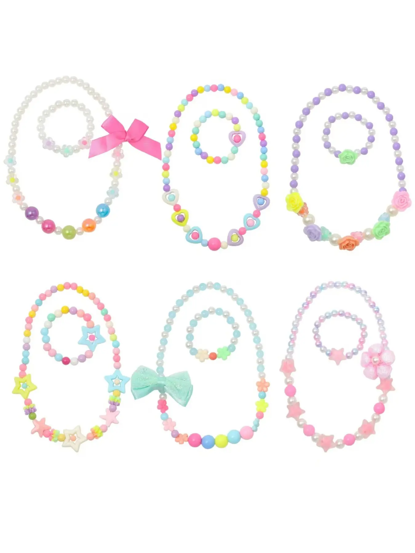 6 Sets Girls Colorful Beaded Jewelry Set, Star Heart Flower Bow Rainbow Elastic Toddler Necklace for Daughter Bracelet, Princess Role Play Toy, Birthday Gift