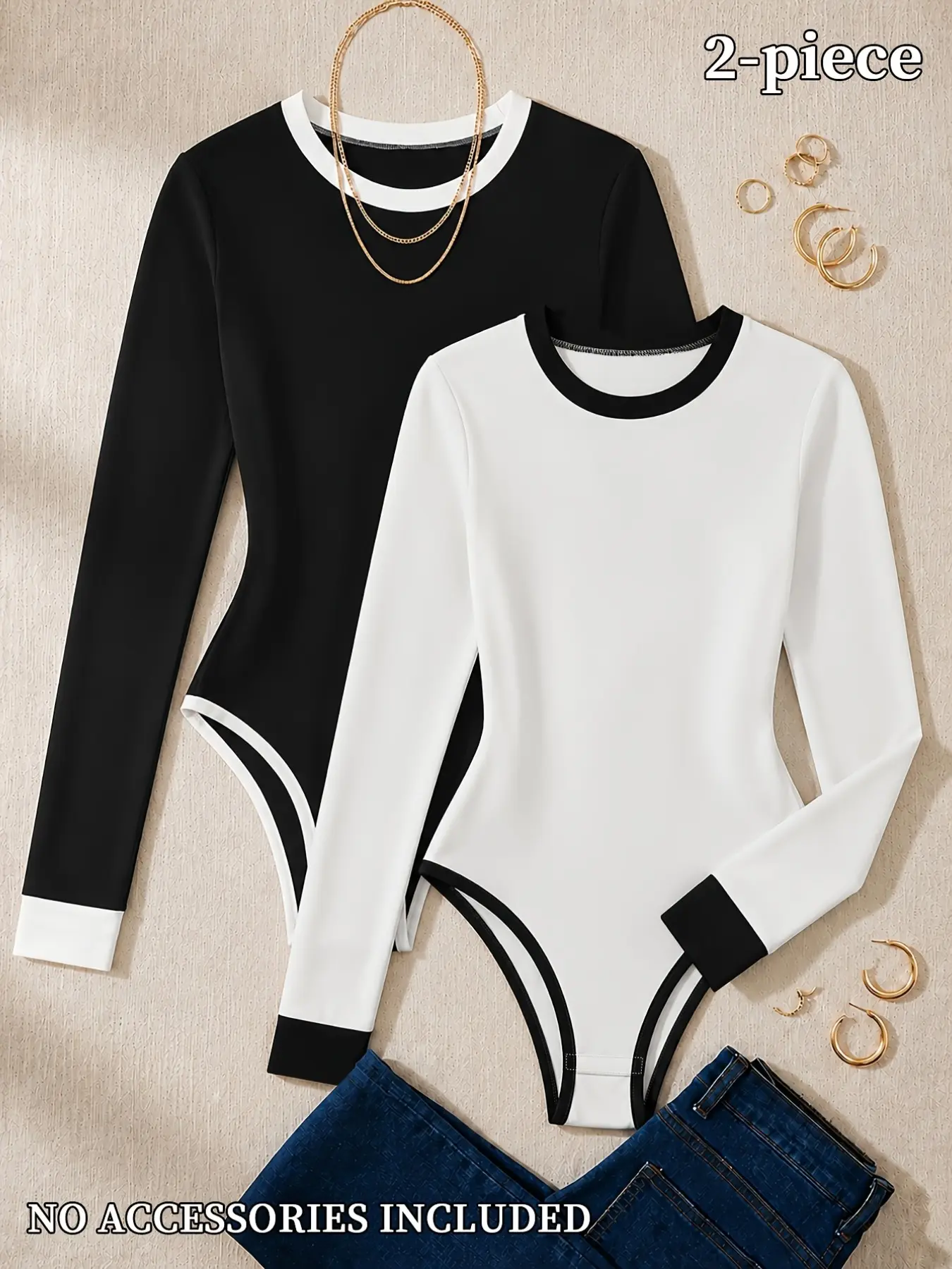 Colorblock Long Sleeve Bodysuit Two-Piece Set, Slim Fit Waist Accent, Vintage Look, Easy-On Button Design, Comfortable Stretch Fabric