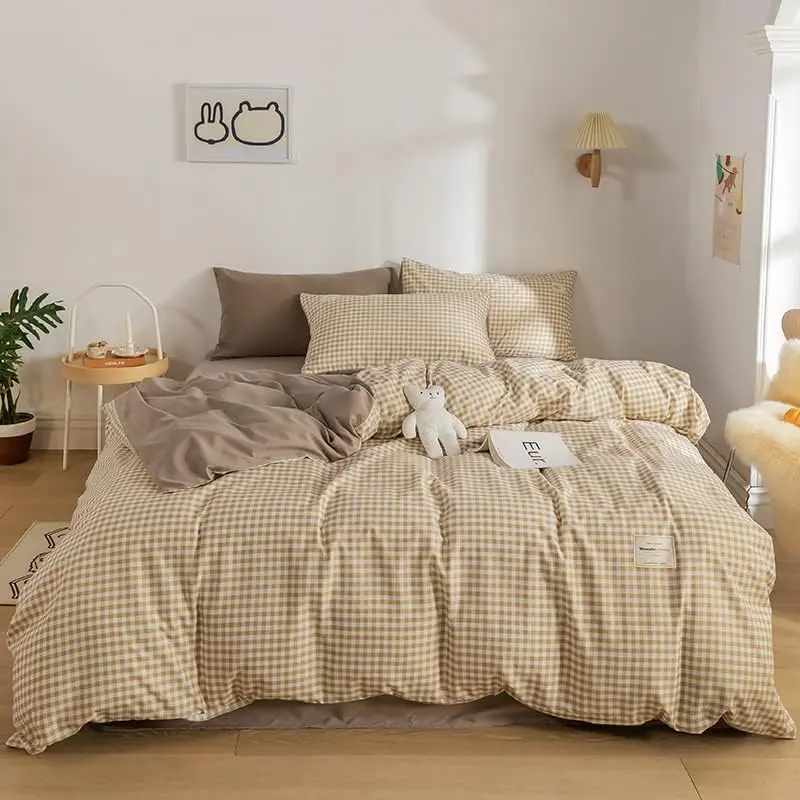 Tan Gingham Duvet Cover Queen Size 3pcs Brown Checkered Comforter Cover Farmhouse Grid Reversible Bedding Set Soft Breathable Washed Microfiber Duvet Covers for Men