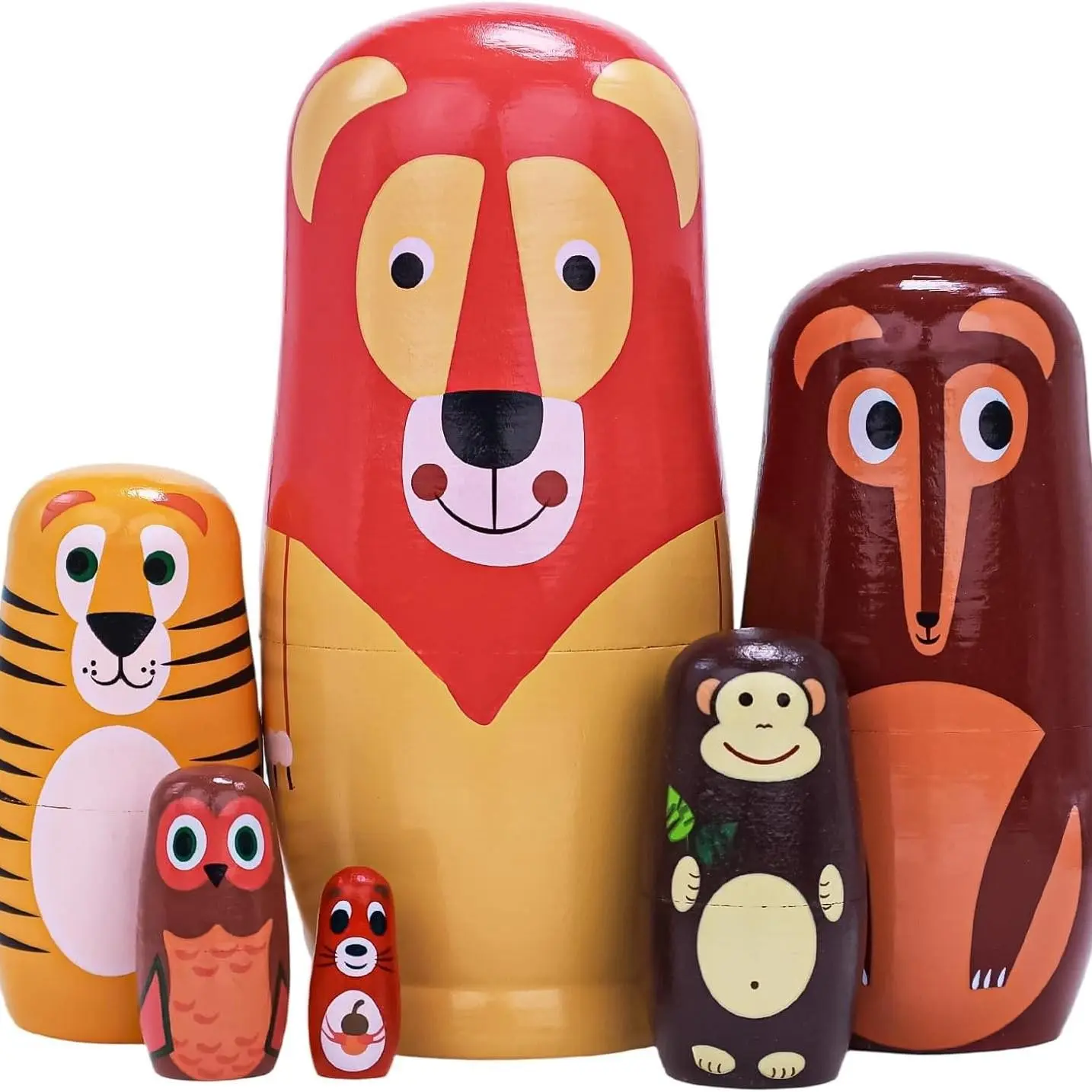 Long Lion Russian Nesting Dolls, 6 Piece 6 Inch Animal Easter Egg Toy, Stacked Wooden Handmade Russian Dolls for Kids Birthday Gift