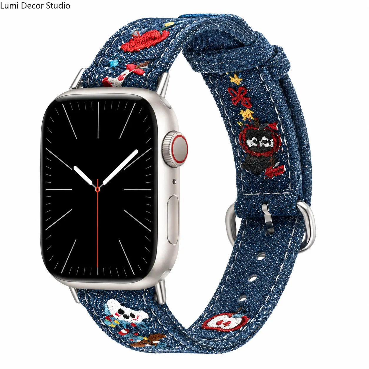 Cartoon Embroidered Denim Smartwatch Band Accessories - Wearable Soft Retro Fabric Strap with Cute Cartoons, Embroidery Detail for Multiple Smartwatch Series, Everyday Casual Use