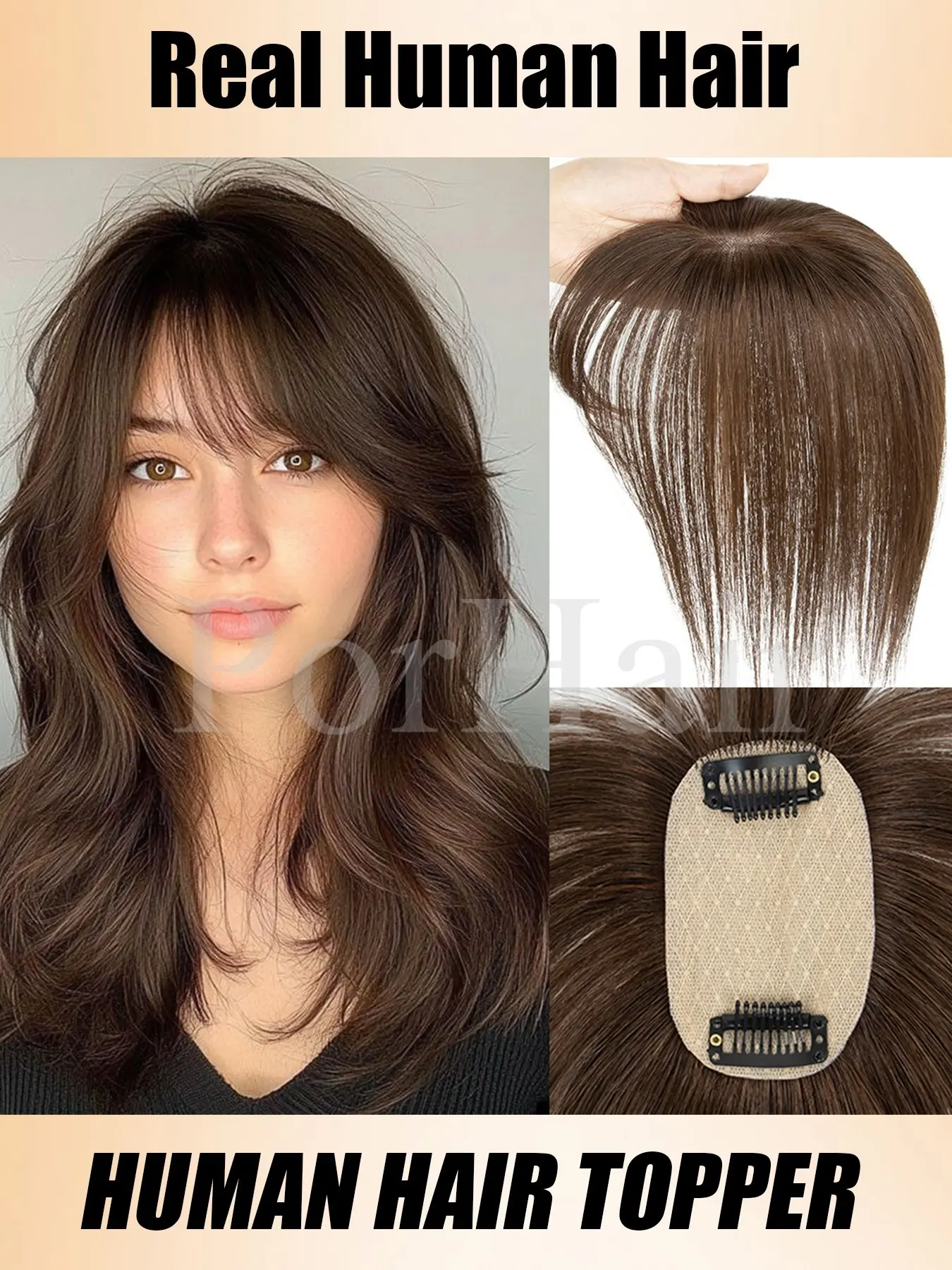 Brown Human Hair Topper With Bangs Women 5x9cm Natural Black Highlights Blonde Skin Scalp Clip in Topper Hair Pieces Human Hair Human Hair Glueless
