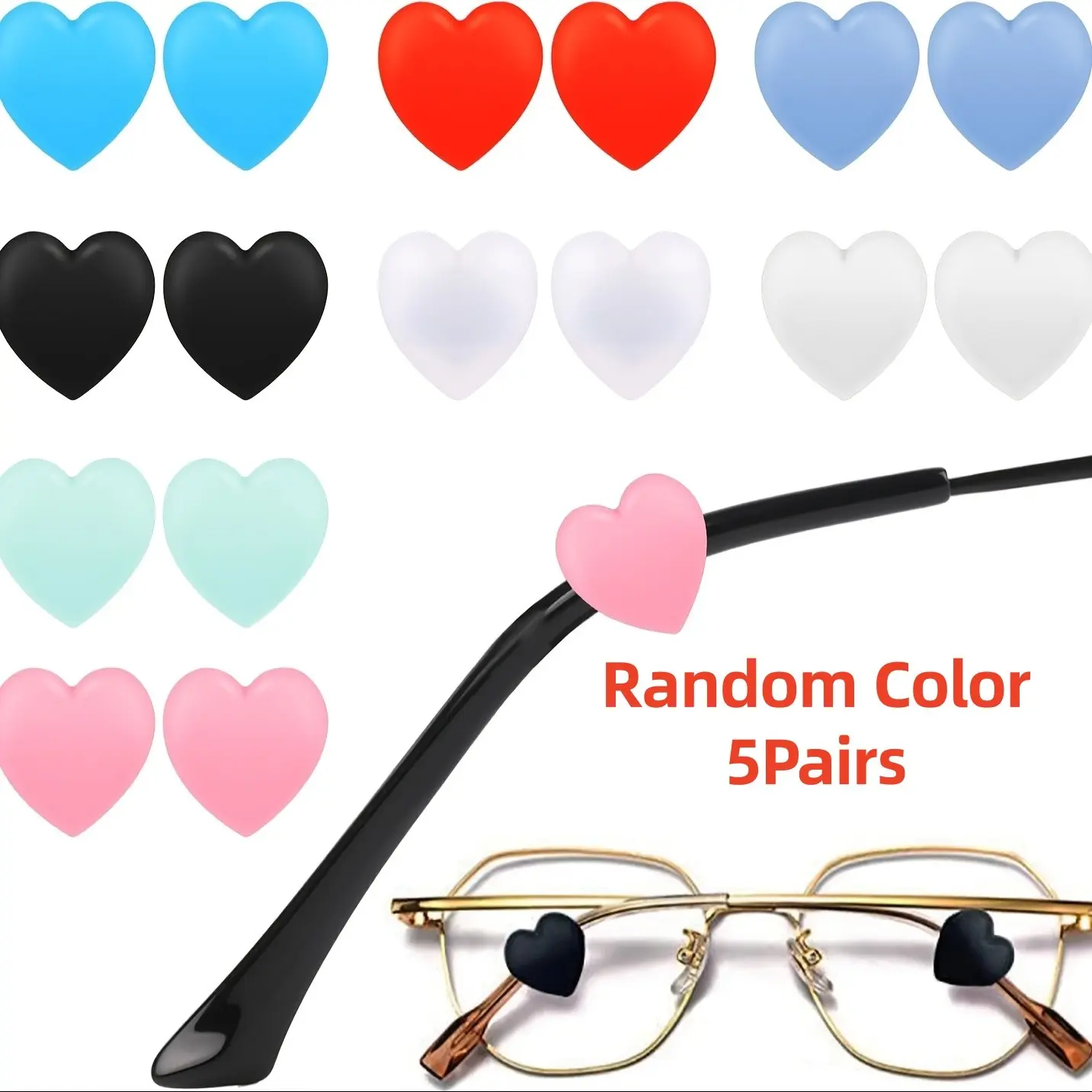 5 Pairs Random Color Heart-Shaped Glasses Anti-Slip Straps, Comfortable Soft Ear Hooks, Ear Grips For Glasses, Prevents Falling Off, Multiple Colors, Pretty Grips For Glasses
