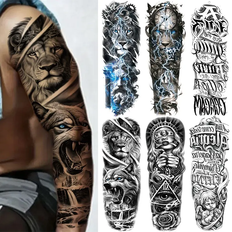 6 Piece Lightning Lion Full Arm Temporary Tattoo Stickers, Lion Temporary Tattoos, Fake Tattoos, Waterproof Animal Totem Sleeve Art, Easy to Apply, Unisex Design
