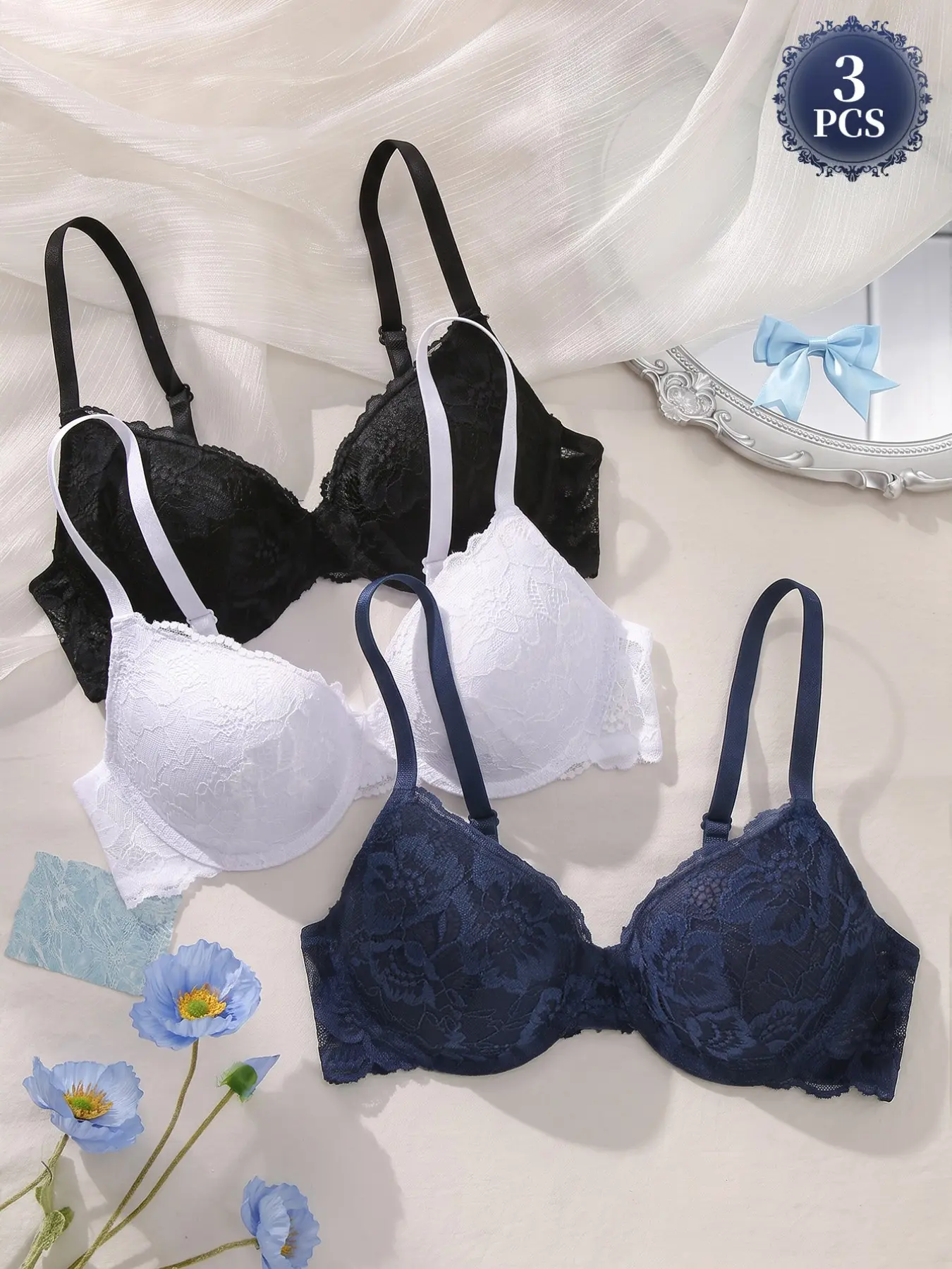 3-Pack Women's Exquisite Lace Underwire Bras: Push-up Lifting Shaping, Skin-friendly Soft Breathable Fabric, Lace Back 3 Buckles, High-stretch Adjustable Straps, Side Smoothing Anti-slip, All-season Commute & Daily Wear, Lace Backless Bra