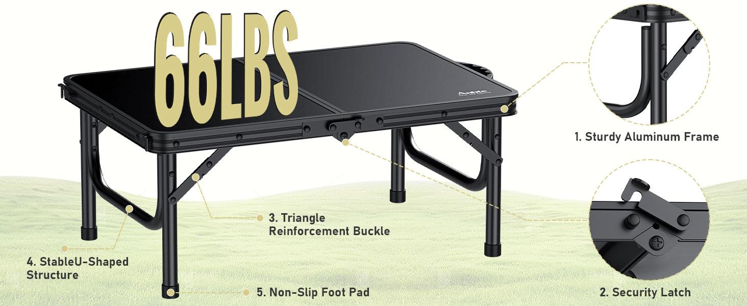 Anbte 2ft Folding Camping Table with Storage Net, 3 Adjustable Heights Small Folding Table Lightweight & Portable with Carry Handle, for Camping, Fishing, Picnic, Beach, Outdoor, 22.8" x 15.7", Black