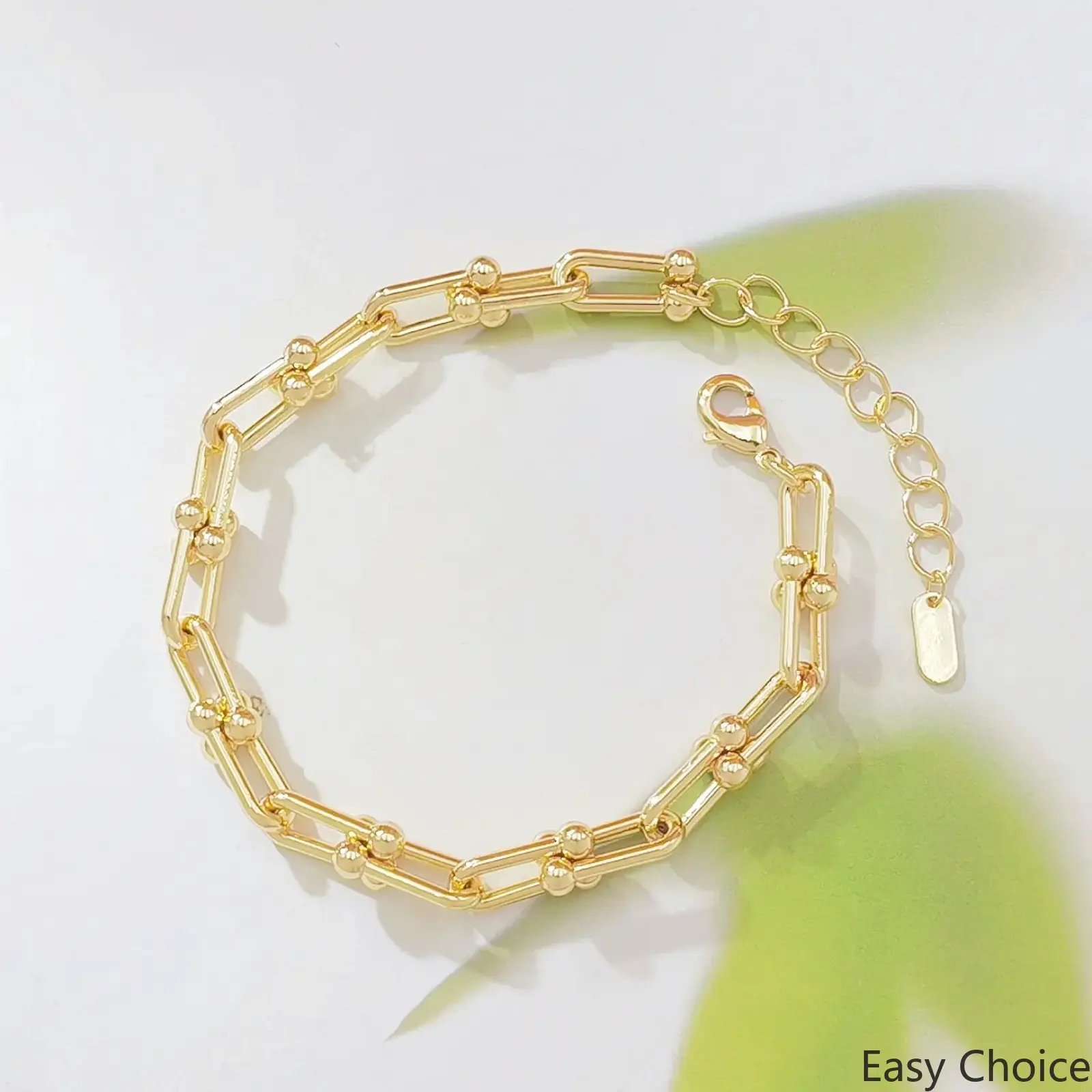 14K Gold Plated Paperclip Chain Bracelet For Women, Dainty U-Link Chain With Ball Accents, Adjustable Stackable Link Bracelet, Tarnish Resistant Waterproof Elegant Jewelry, Ideal Daily Wear Accessory And Gift Choice