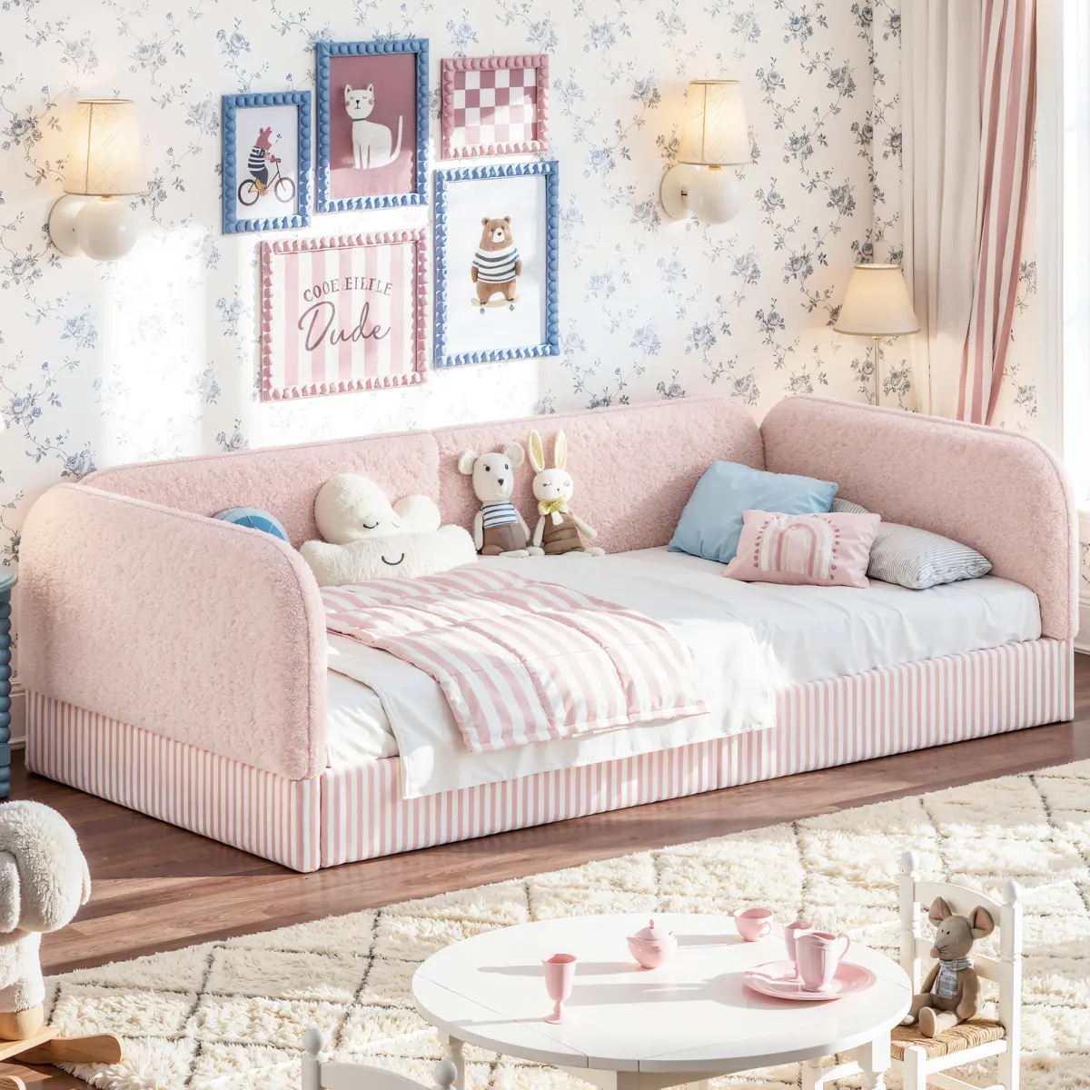 [Bellemave] Twin Upholstered Teddy Fleece Floor Bed, Low Profile Platform Bed with Side Guardrails, Half-enclosed Bed Frame for Boys & Girls