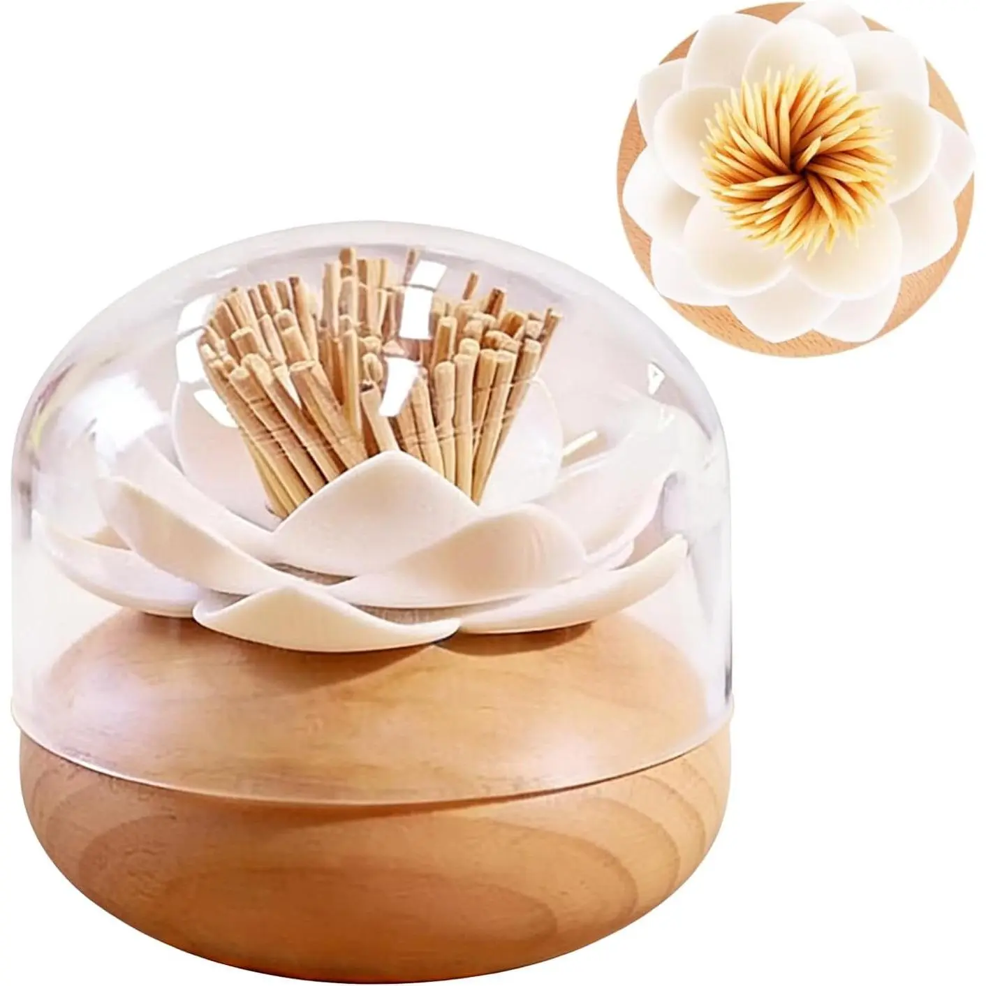 Wood Beech Toothpick Holder Dispenser Qtip Holder, White Lotus Flower Decor for Kitchen Table, Cute Gift With 80 Toothpicks