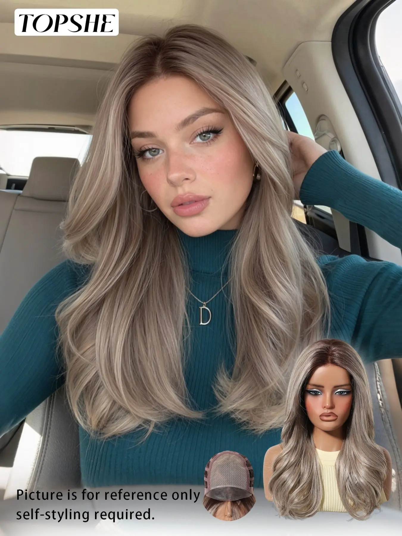 Topshe Best Seller Premium Mono Top Long Wavy Wig, Pre-Cut Face Framing Dark Root Silver Ash Cool Balayage Hair, FUTURA Imported Mixed Fibers, Skin-Friendly Breathable Mono Cap, Pre-Bleached Natural Hairline, Heat Friendly Wig For Daily Work Night