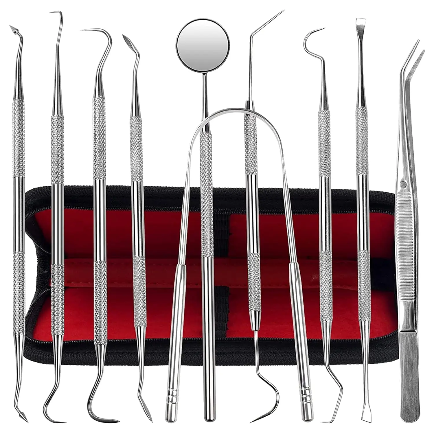 Dental care tool set, 10-piece stainless steel plaque remover, dental tools for removing plaque and tartar, oral care set includes plaque cleaner, tartar remover, tongue scraper, suitable for dentists, personal and home use.