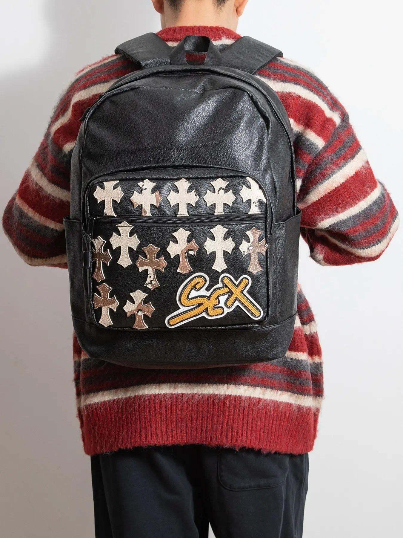 Rock Style Crossbody Backpack, Unisex Student Bookbag, Large Capacity PU Leather Travel Bag, Computer Backpack for Men and Women