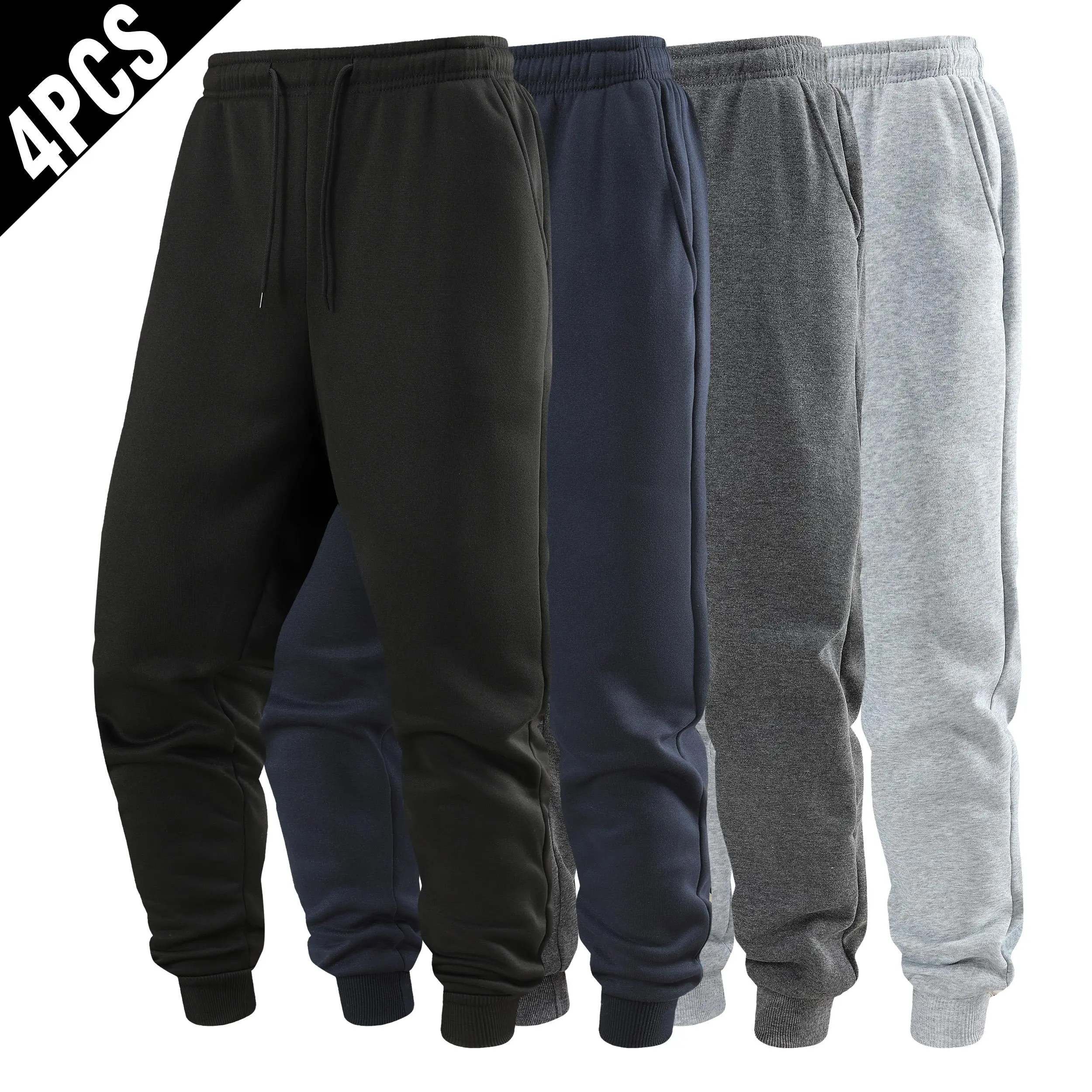 4 Pack Men Solid Basic Cuffed Sweat Joggers, Elastic Waist Drawstring Loose Fit Lightweight Casual Athletic Jogger Pants Multipack sport pant sweatpants
