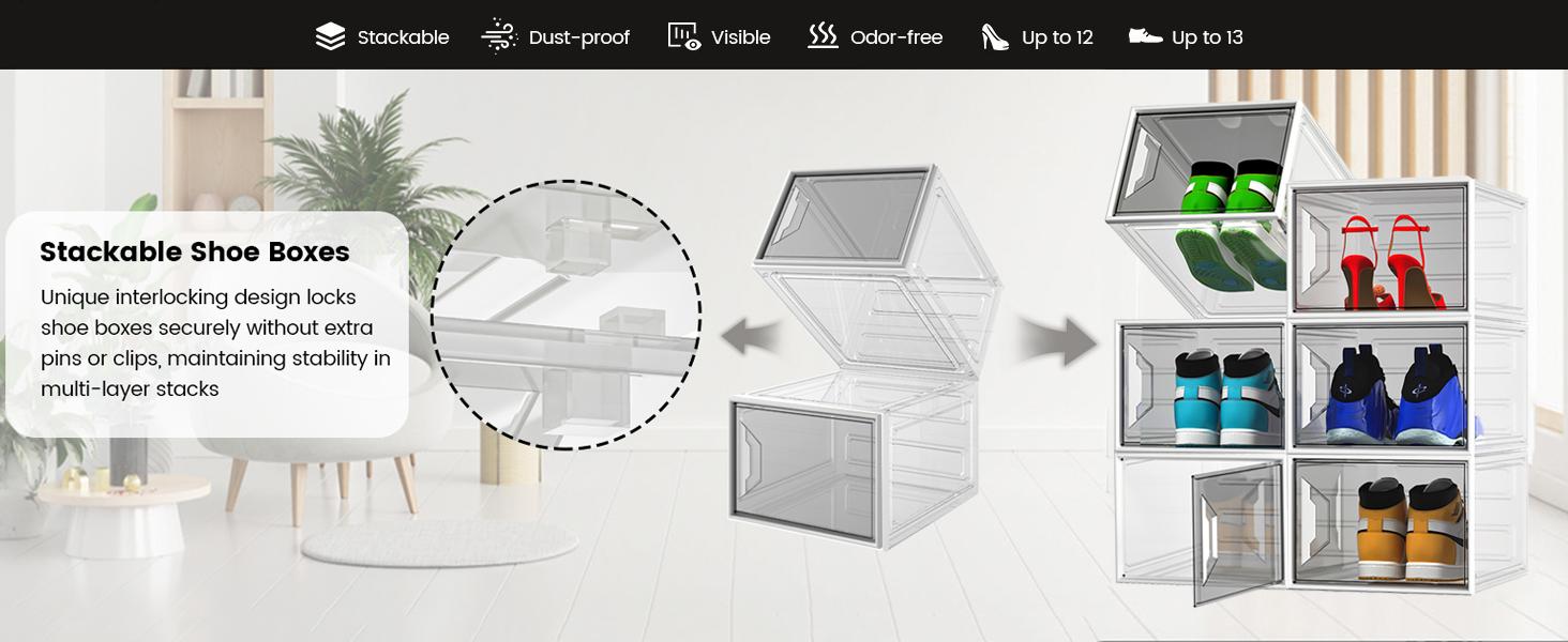 XL Large Stackable Shoe Boxes - Clear Shoe Boxes with Door, Thicken Shoe Organizer for Closet, Saving Foldable Shoe Containers Bins for Sneaker Boot - 6 Pack(White)