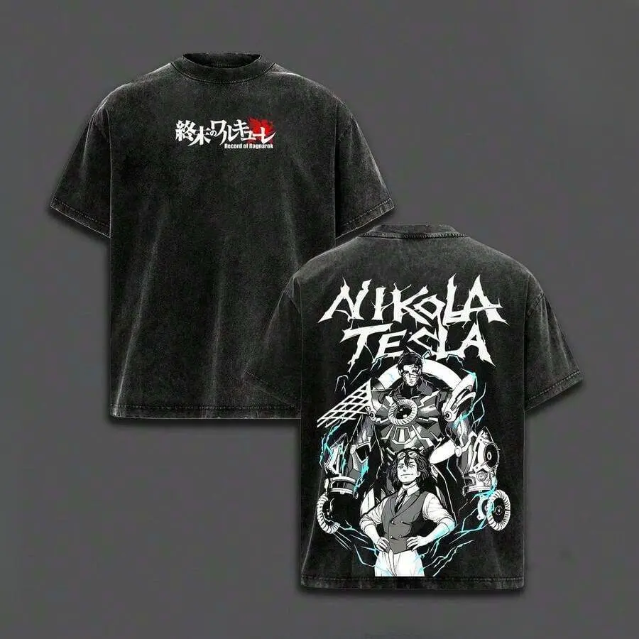 Dark Anime Fan Retro Washed Double Sided Print Nikola Tesla Anime Tee Soft Cotton Relaxed Crew Neck Short Sleeve Shirt Vintage Grunge Japanese Streetwear Weekend Party Travel Casual Fashion Top