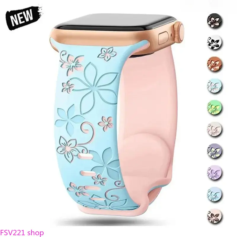 Women's Watch Band with Floral Engraving, Soft Silicone Breathable Strap for Sports, Wearable Accessory Compatible with 38mm-49mm Sizes, Accessories, Compatible Bands campingessentials, Flowery