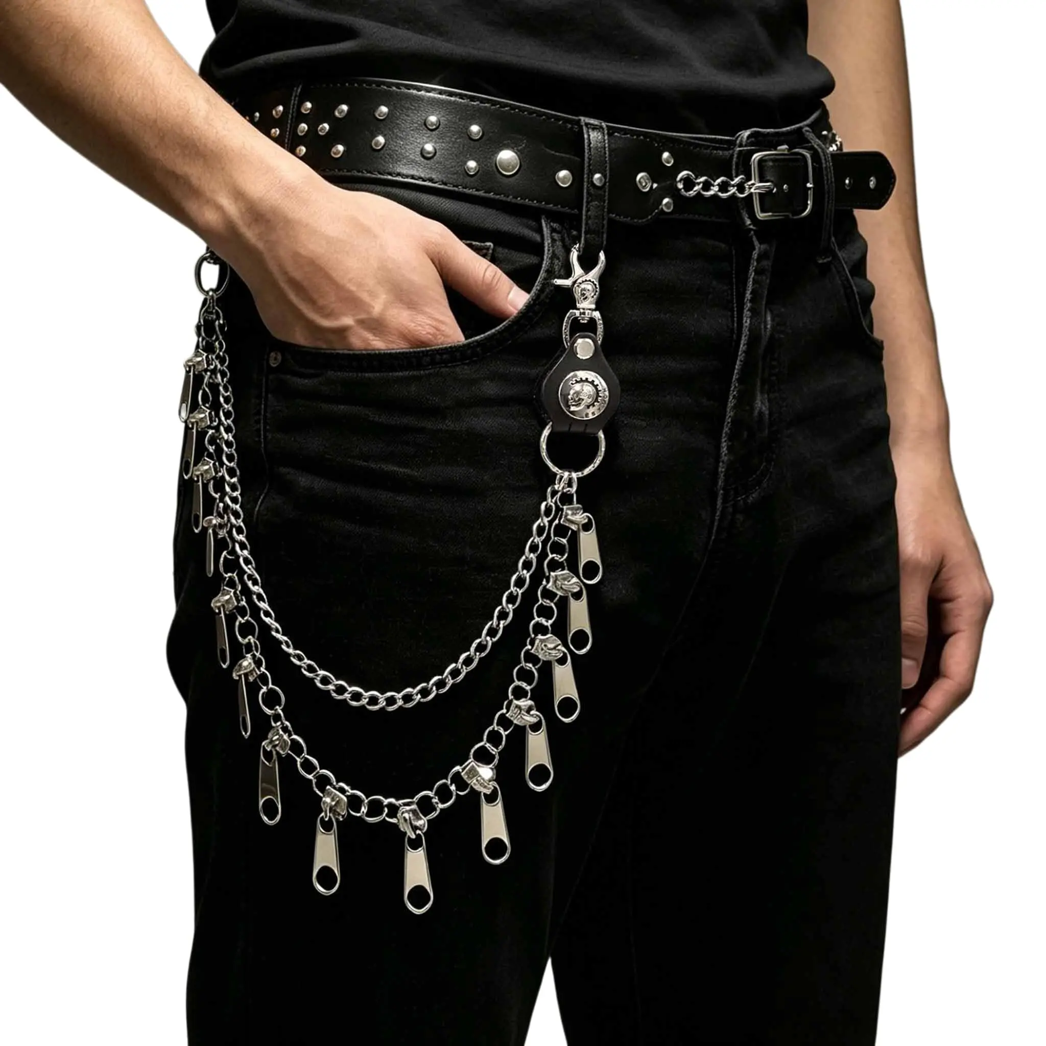Double Layer Pants Chain with Zipper Pull Charms, Punk Multi Clasp Jean Waist Chain, Biker Wallet Chain Hip Hop Key Chain For Men