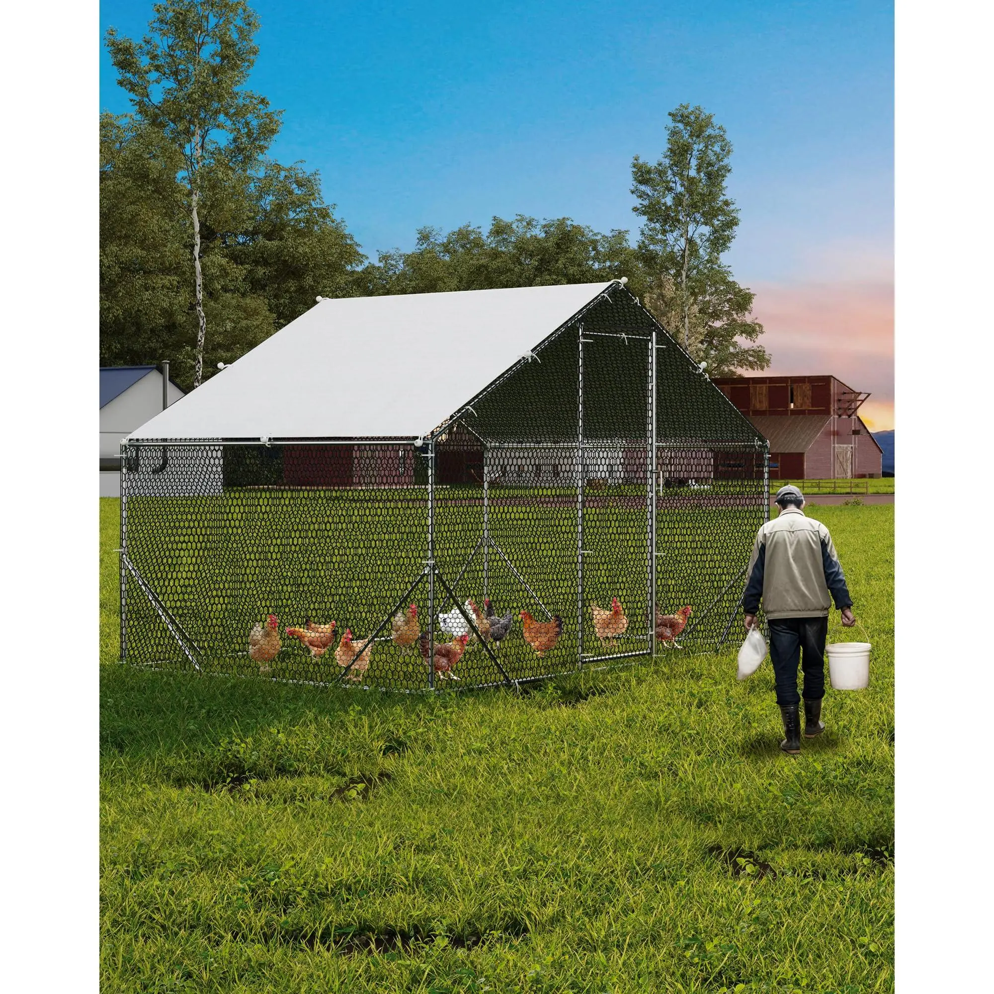 Heavy Duty Galvanized Steel Frame Chicken Coop & Dog Kennel - 13.12 x 9.84 x 6.56 ft Large Walk-In Cage Enclosure Playpen, Secure Access Run for Poultry/Pets, Waterproof & Anti-UV Cover