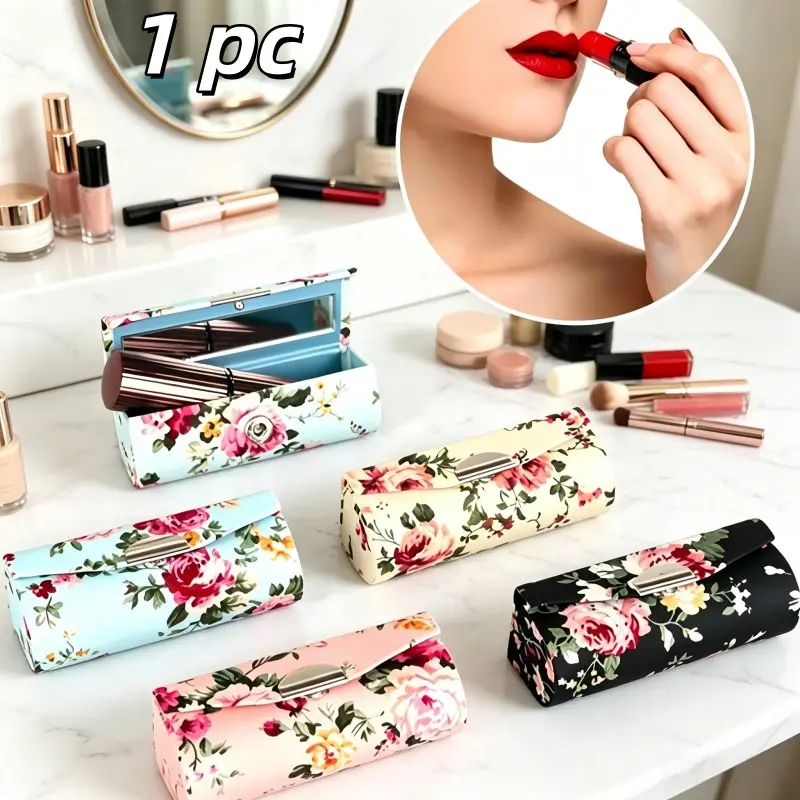 Vintage Floral Fabric Lipstick Case, Portable Lipstick Holder Box, Retro Rose Print Pouch, Snap Closure, Travel Makeup Storage, Cosmetic Pouch