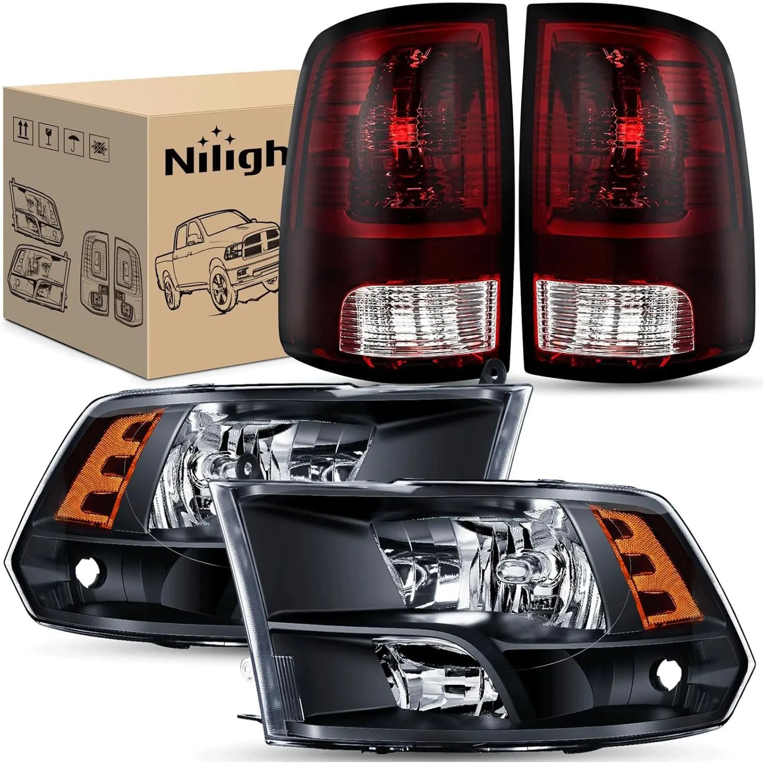 Nilight Waterproof Headlight and Taillight Combo - Corrosion Resistant, UV Coated Car Light Assembly for 2009-2018 Dodge Ram Quad Models, Black Housing, Amber Reflector, Dark Red Tail Light, Boosts Nighttime Visibility, Halogen Headlights, Plug-N-Play, Oe