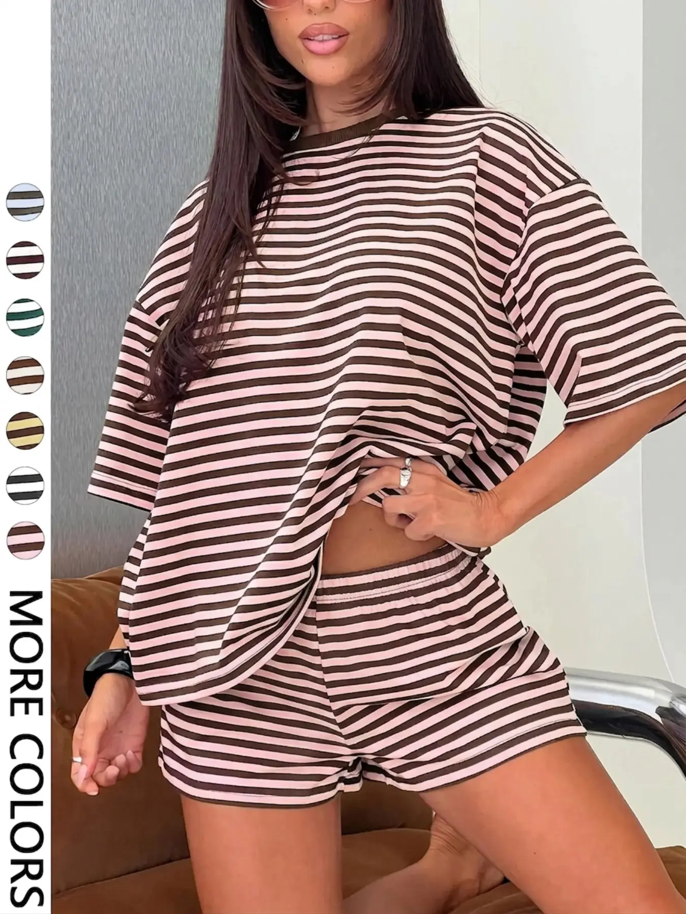 Casual Striped Home Wear Set, Loose Fit Round Neck Short Sleeve T-Shirt with Drawstring Shorts, Soft Lightweight Fabric, Multi-Color Options