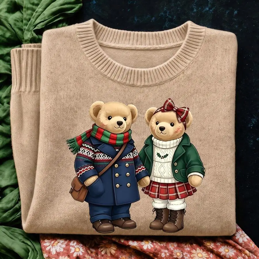Women's Autumn Clothing, Teddy Bear Couple College-Style Hand-Holding Gift With Pattern Printing. Comfortable And Warm Knitted-Like Sweater