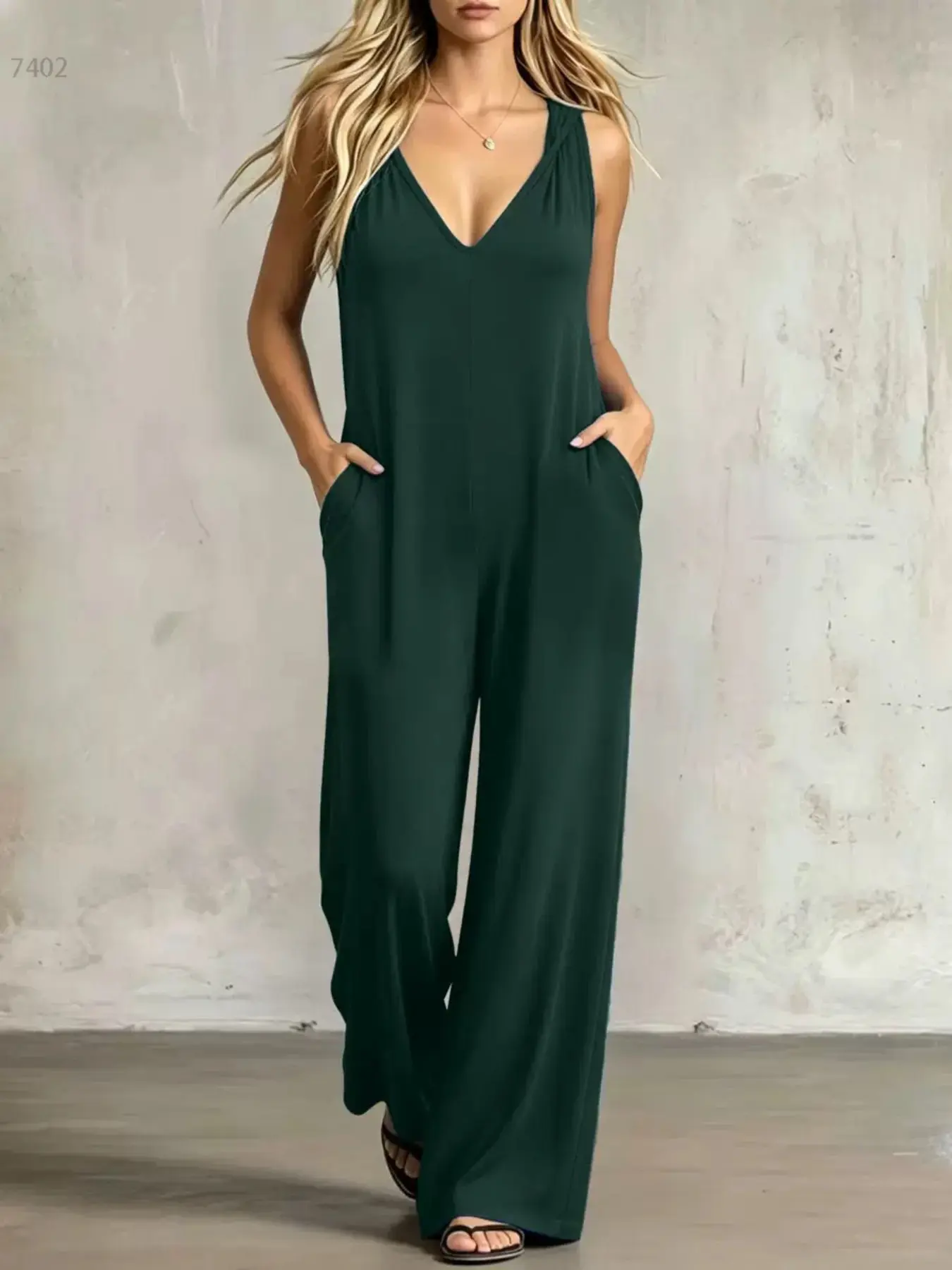 C7402 Trendy Soft Life One-Piece Jumpsuit, Sleeveless Deep V Neck Wide Leg Active Loungewear with Side Pockets for Summer Vacation Daily Wear.