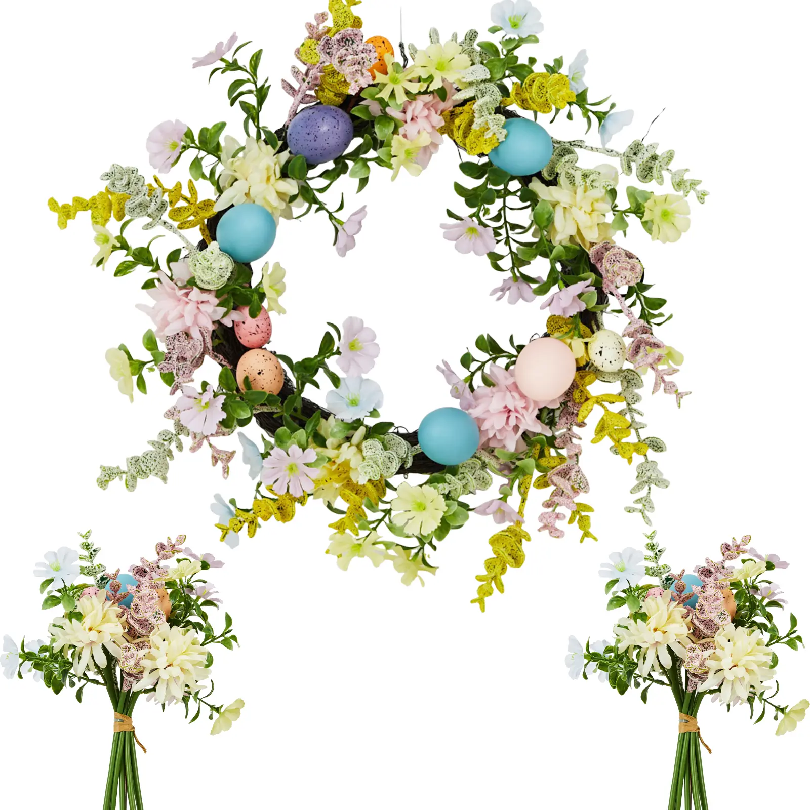 Decorative Easter Egg Wreath for Front Door, Artificial Spring Floral Wreath With Lush Greenery, Natural Rattan Base and 2 Matching Bouquets, Easter and Spring Indoor‑Home Decor