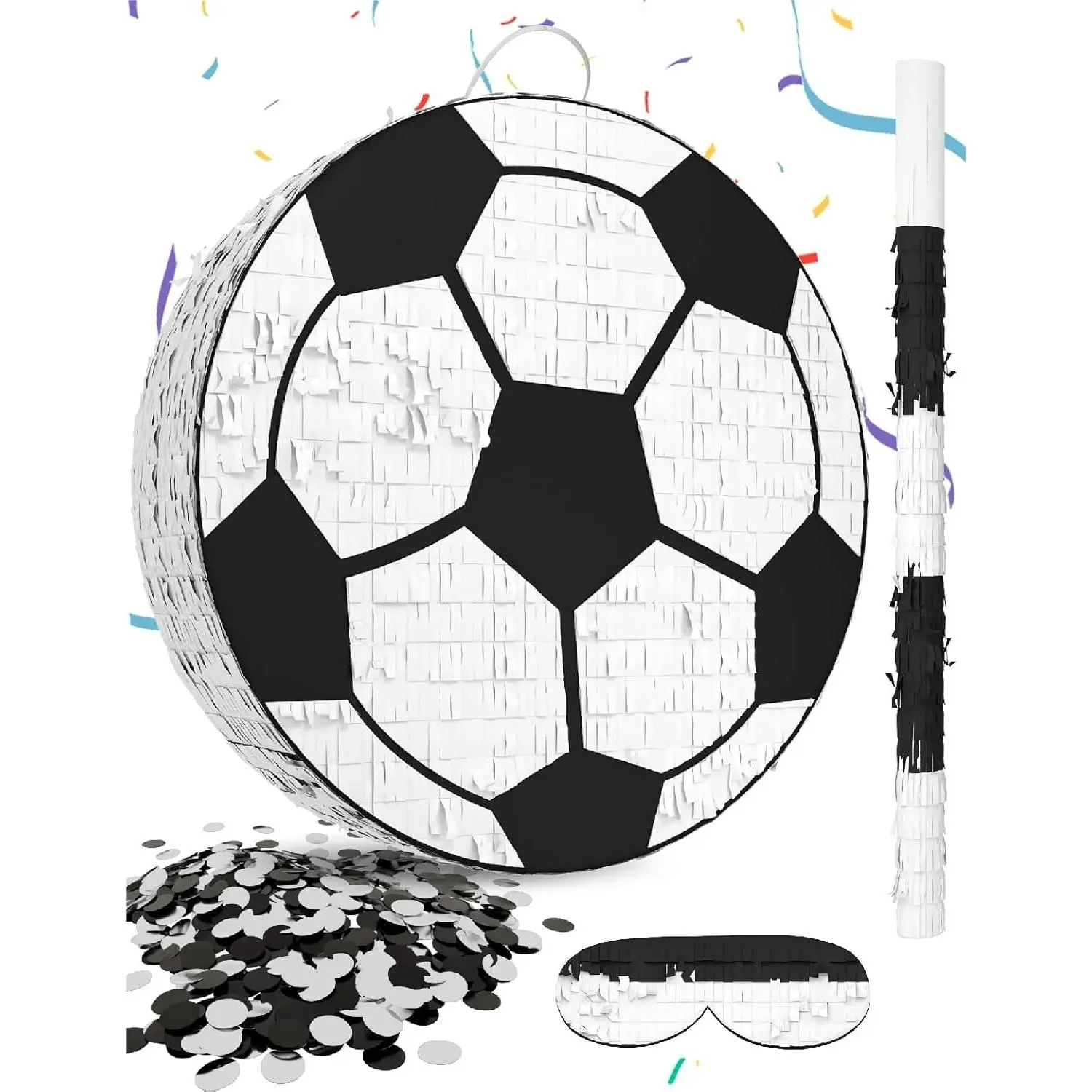Soccer Piñata Includes Wooden Stick, Blindfold and Confetti 13"x13"x3" Perfect for Sports Party Decorations and Birthday Soccer Themed Parties
