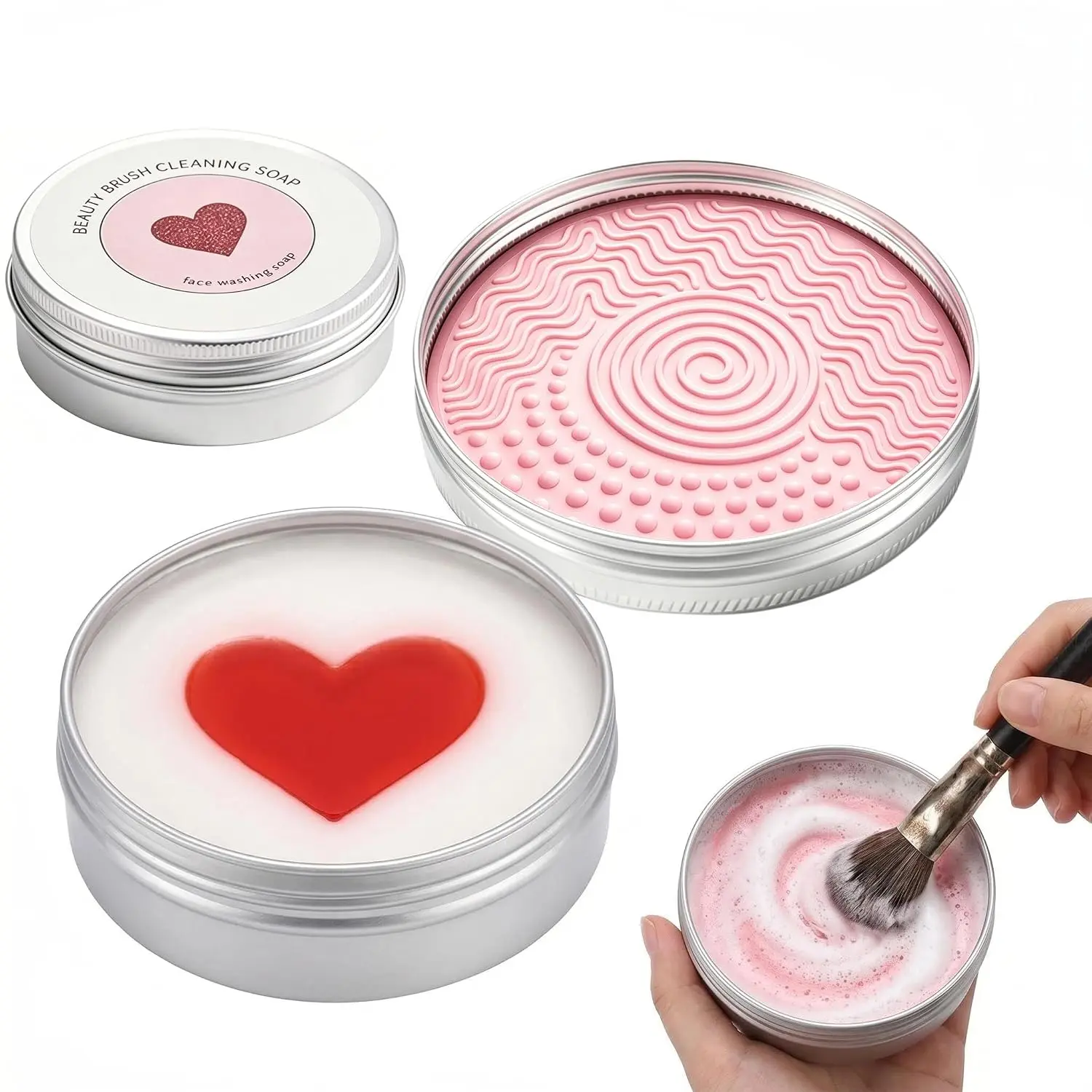 Makeup Brush Cleaner Soap with Silicone Pad, 2-in-1 Heart Shape Deep Clean Brush Sponge for Brushes and Beauty Blenders, Vegan, Pink