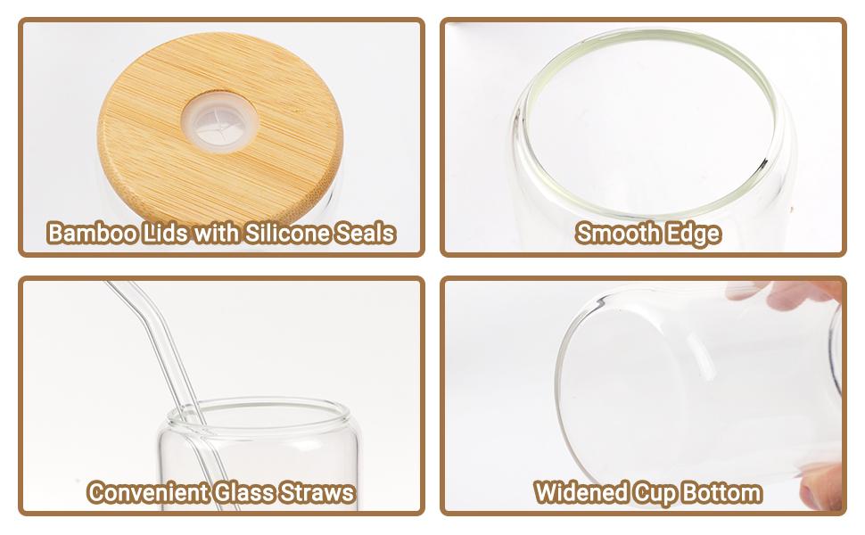 Borosilicate Glass Cups with Lids and Straws, 16 oz Reusable Tumbler Set (4-Pack) Includes Bamboo Lids, Glass Straws & Brush for Iced Coffee, Bubble Tea, Cold Beer, Juice