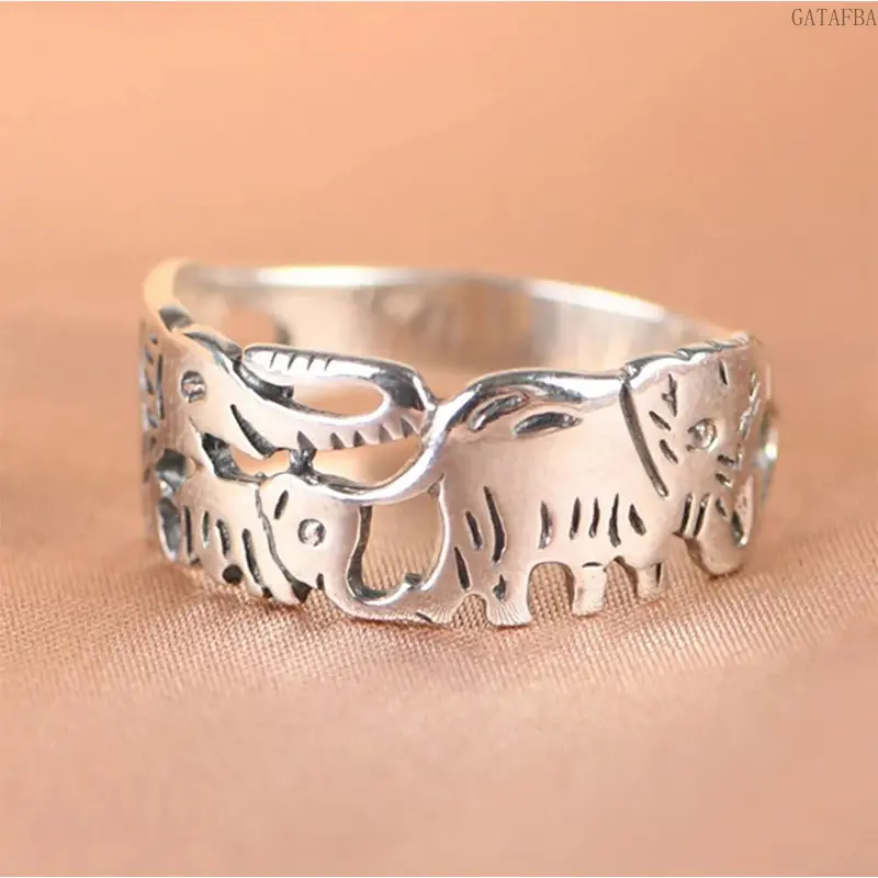 Hot Selling Copper Silver Plated Ring for Women, Vintage Antique Thai Silver Cute Elephant Boho Finger Jewelry