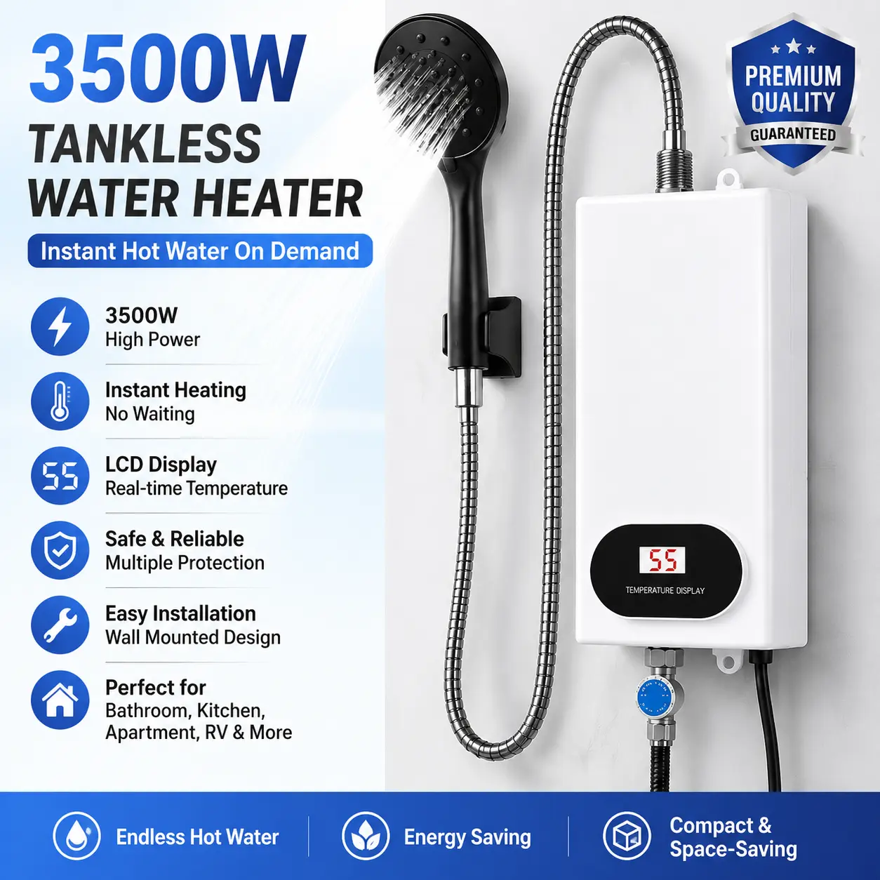 3500W Electric Tankless Water Heater Shower Head Set with Clear LCD Temperature Display, Instant Hot Water Heating System, Compact Space-Saving Design, Easy Installation for Bathroom, Kitchen, Apartment, RV & More, White#SummerVibes