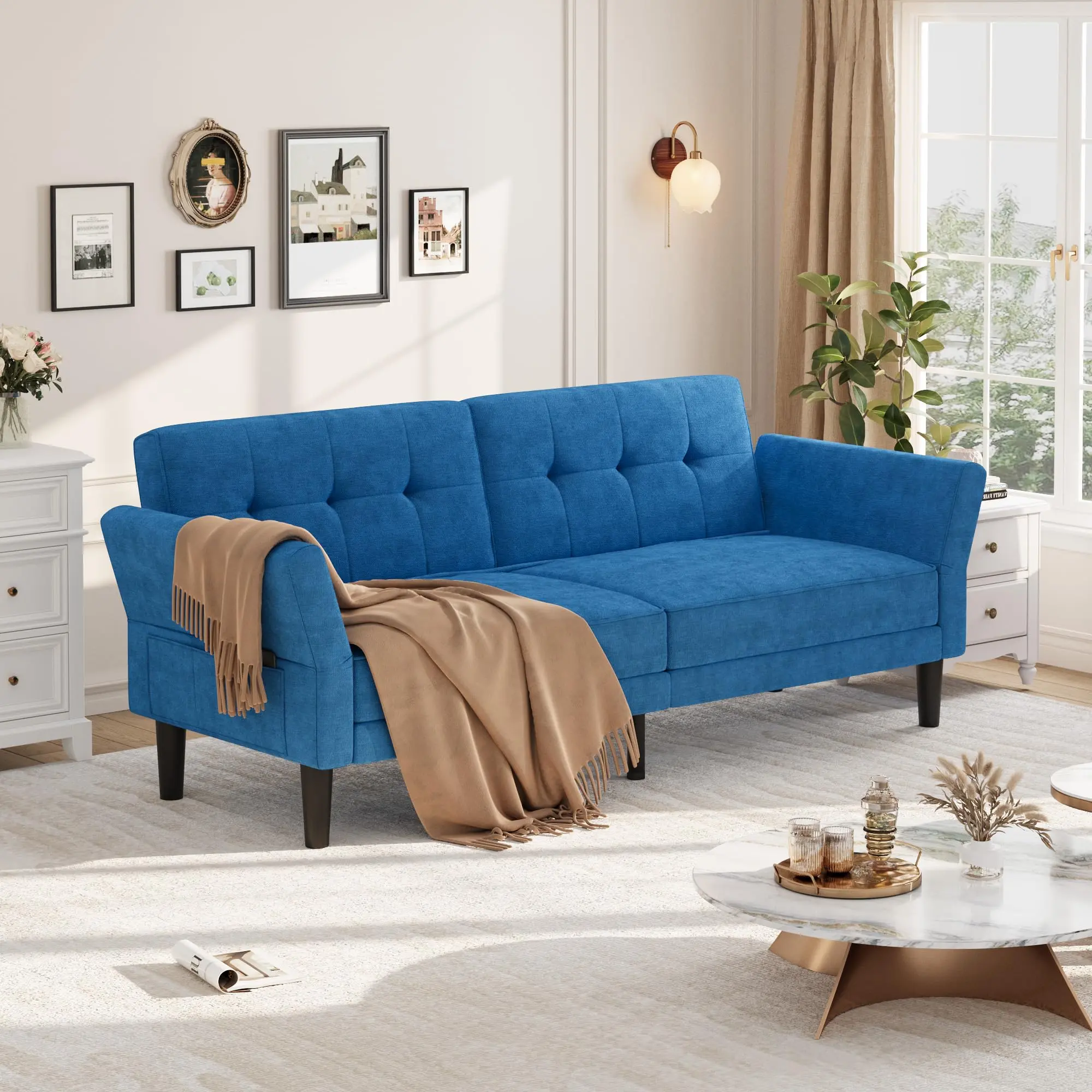 89" Chenille Blue Convertible Futon Sofa Bed, 3-Seater Sleeper Couch - Adjustable Backrest & Armrests - Modern Chenille Deep-Seat Sofa for Living Room/Bedroom/Apartment