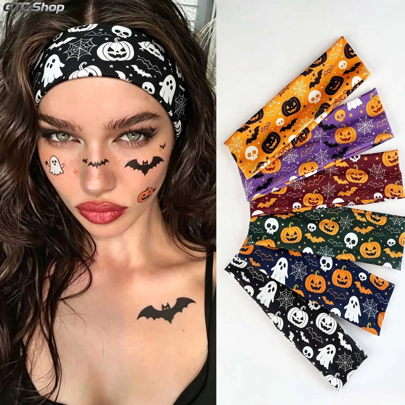 Halloween Pumpkin Ghost Bat Print Elastic Headband, Spooky Holiday Party Hair Band, Fun Dress Up Hair Accessory, Comfort Stretch Hairband for Cosplay, Makeup Skincare Routines & Seasonal Themed Gatherings