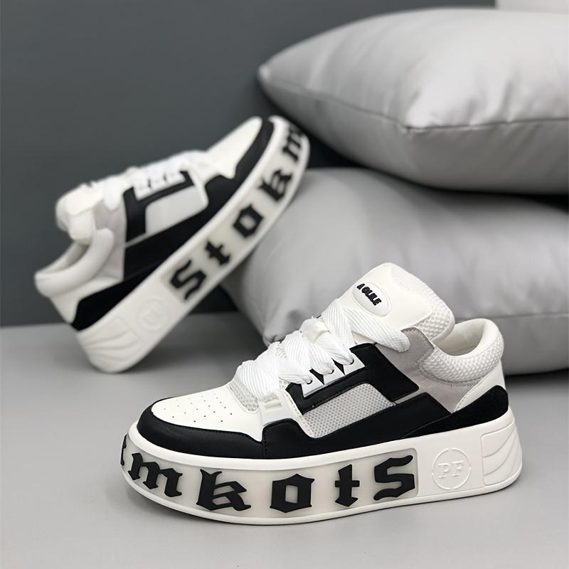 Men'S Casual "Mkots" Sneakers - Black & White Platform Skateboard Shoes with Lace-Up Closure, Non-Slip, Breathable, All-Season Comfort, Casual Walking Shoe |     Platform Sneakers |     Breathable Fabric